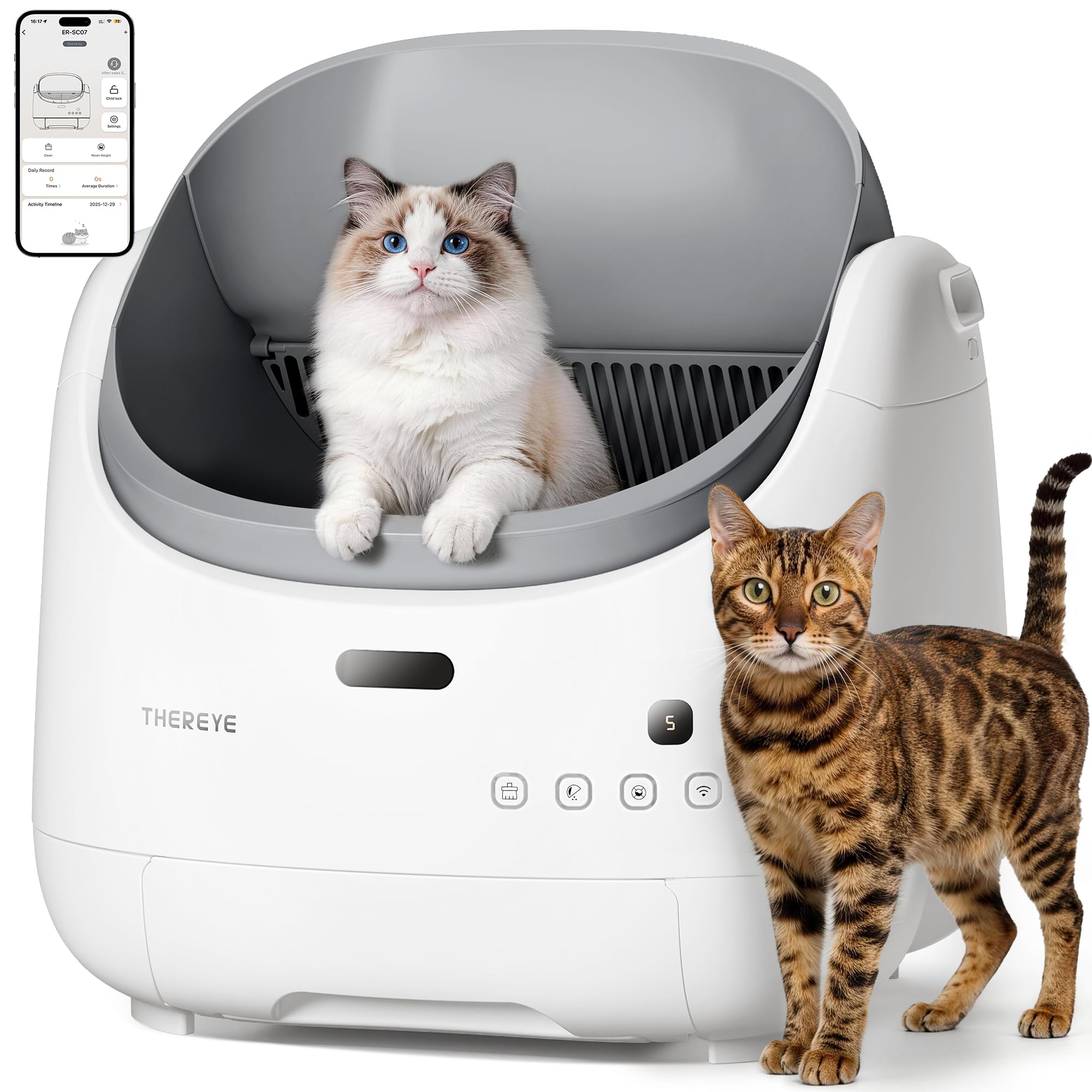 Thereye Self Cleaning Cat Litter Box, Open Top Automatic Litter Box for Multiple Cats, APP Control Smart Litter Box, Safety Sens
