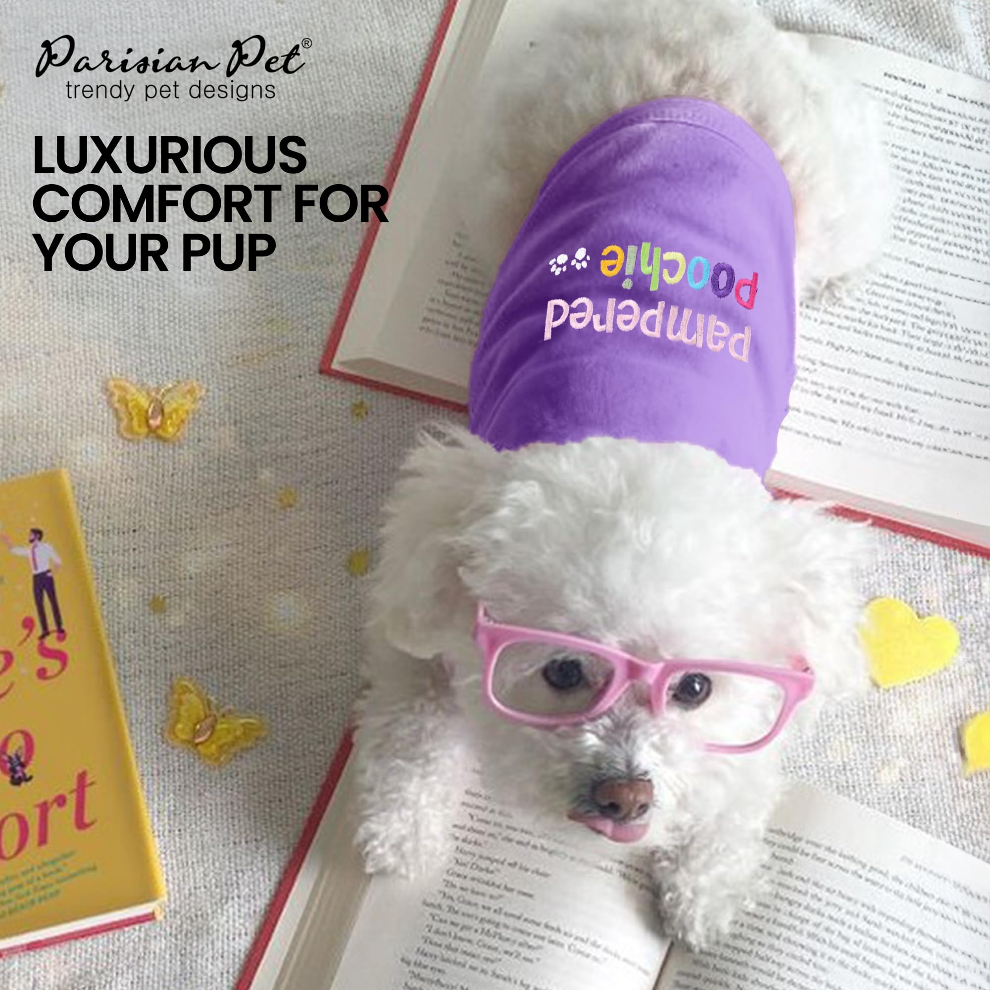 Parisian Pet Dog T-Shirt - Embroidered Pampered Poochie Dog Clothes - 100% Cotton, Breathable Tank Top - Sleeveless Pet Vest - M