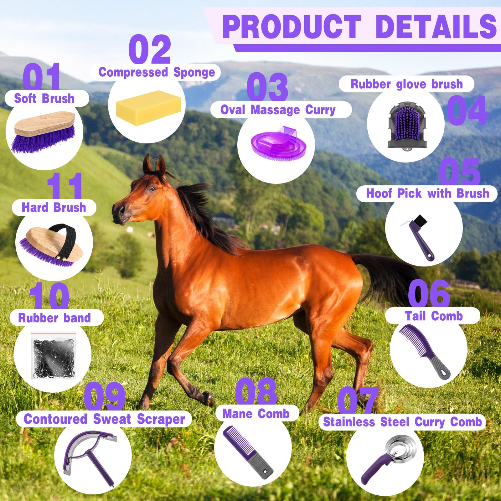 Abbylike 12 Pieces Horse Grooming Kit Racing Festival Tack Room Supplies Horse Brush Sets Equine Care Cleaning Kit Shedding Groo