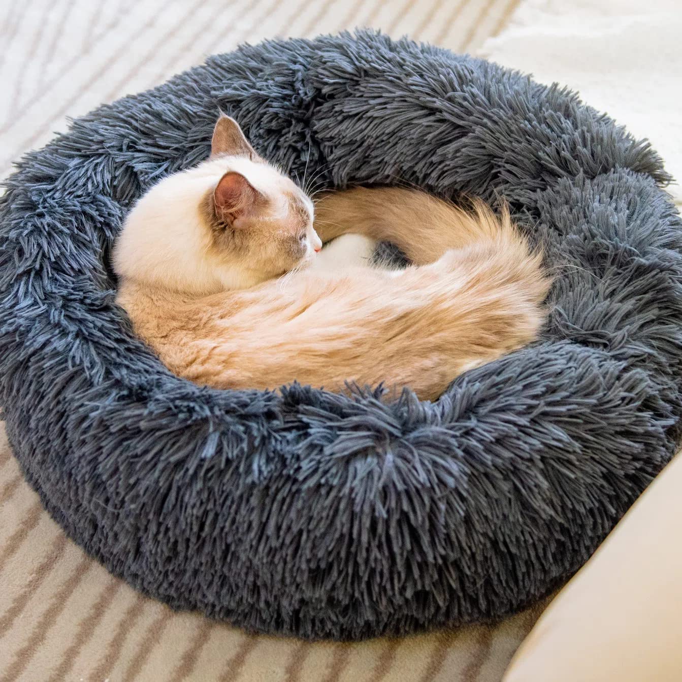Cat Beds For Indoor Cats - Small Dog Bed Washable 24 Inches, Anti Anxiety Round Fluffy Plush Faux Fur Pet Bed, Thick Bottom (Dar
