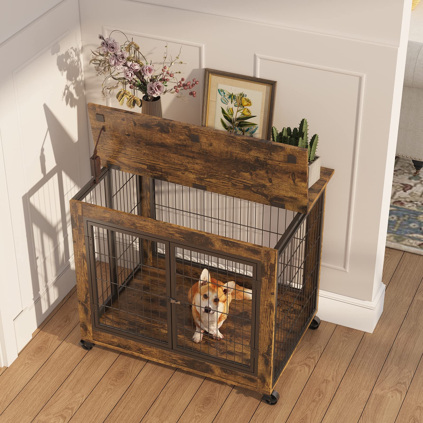 Ichbingo Dog Crate Furniture, Wooden Dog Crate Table, 31.5' Dog Kennel With 3 Doors, Flip-Up Top Opening And Wheels, Decorative Pet Crate Dog House For Medium/Small Dog Indoor Use (Rustic Brown)