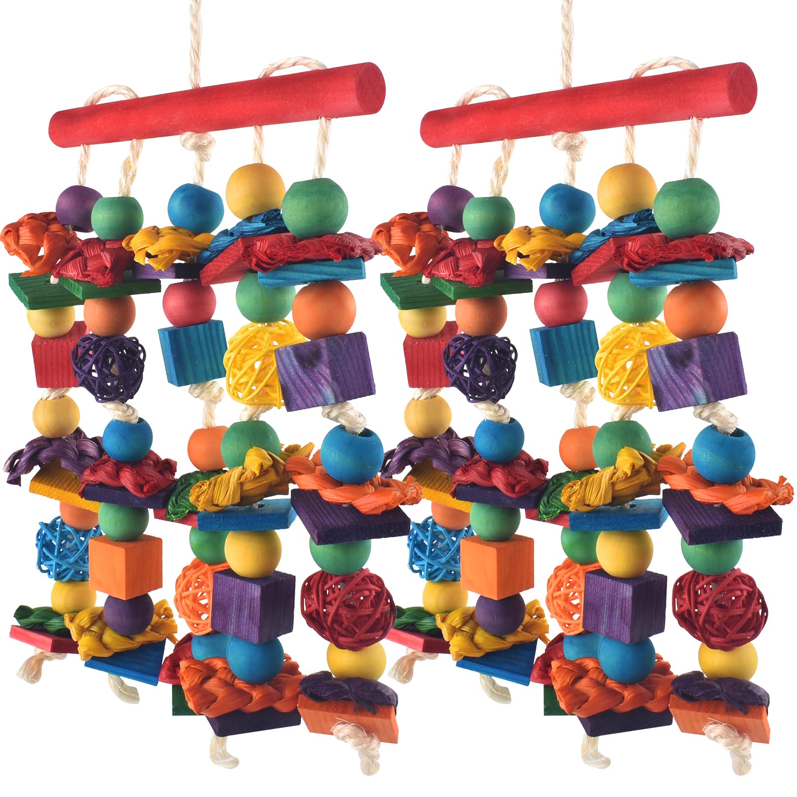 Dbness Bird Toys, 2Pcs Parrot Foraging Hanging Toy, Multicolored Natural Wooden Blocks Parakeet Chewing Toys Mit Rattan Wicker B