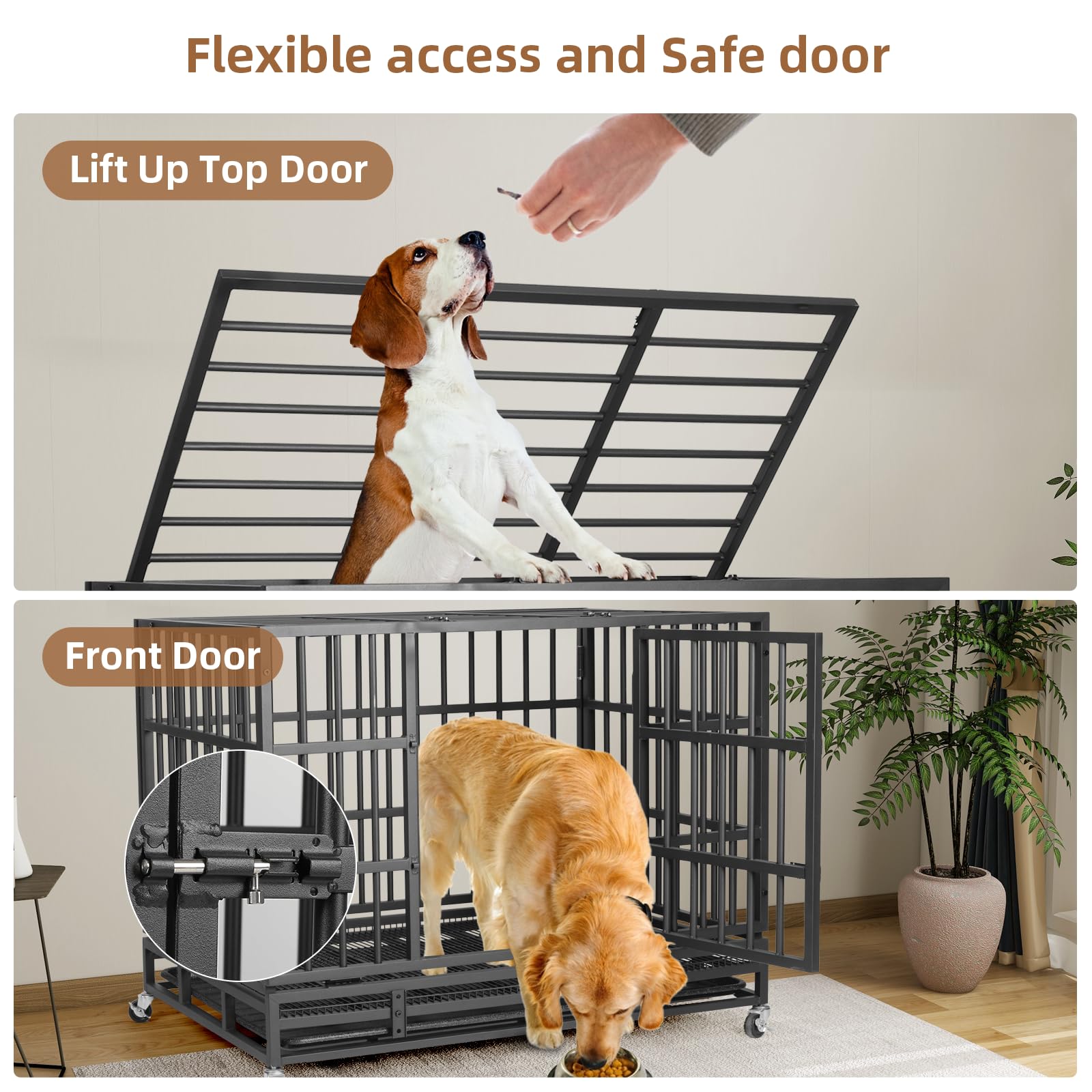 Vowner 42    Heavy Duty Indestructible Dog Crate, High Anxiety Dog Crate, Escape Proof Dog Cage Kennel With 4 Lockable Wheels, D