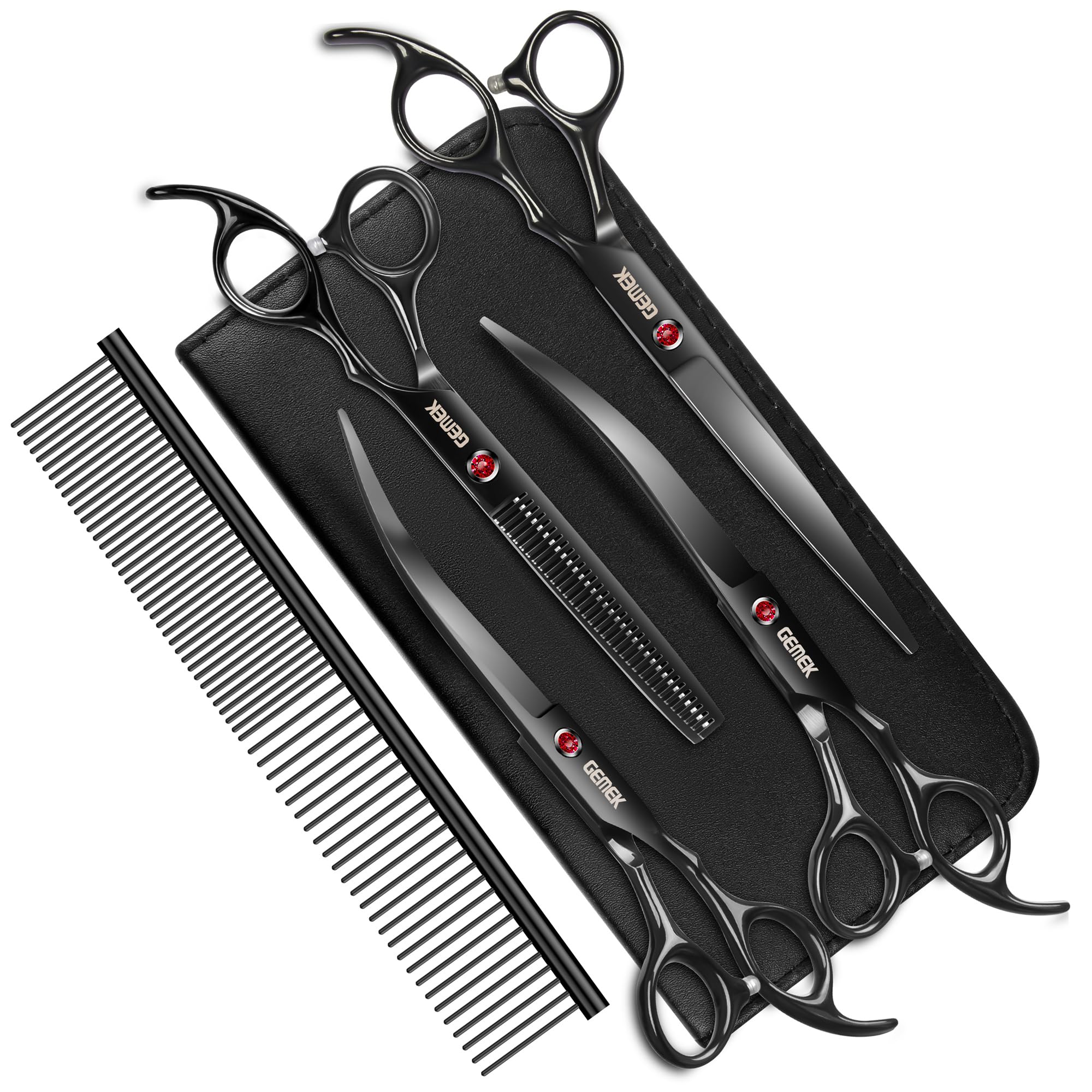 7.0in Titanium Professional Dog Grooming Scissors Set, GEMEK 6 in 1 Straight & Thinning & Upwards Curved & Downwards Curved Scis