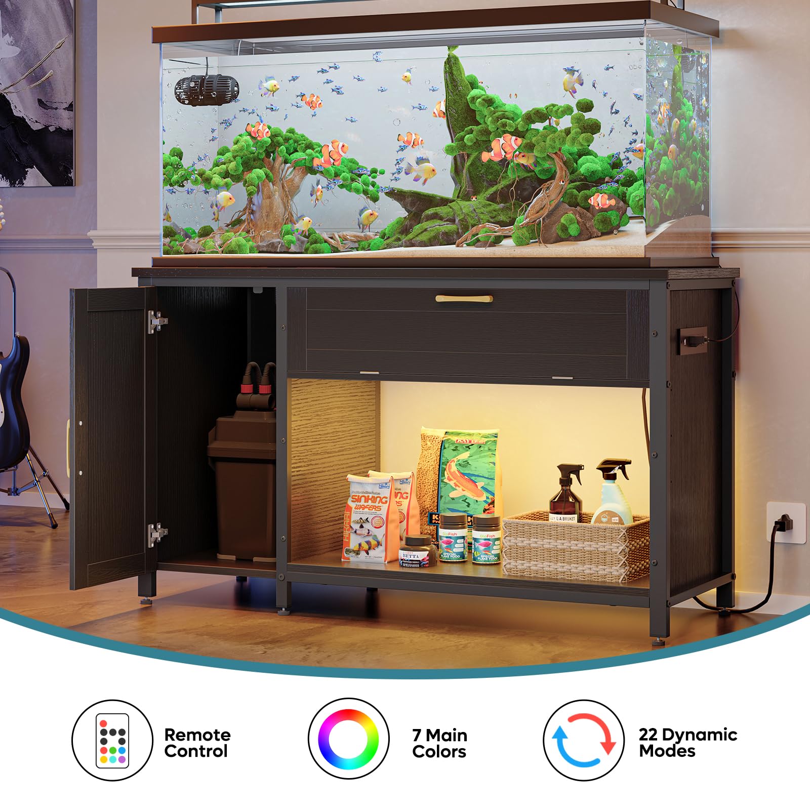 Bestier 55-75 Gallon Fish Tank Stand with Power Outlet&LED Light, 49x19 Heavy-Duty Metal Aquarium Stand with Cabinet&Drawer for