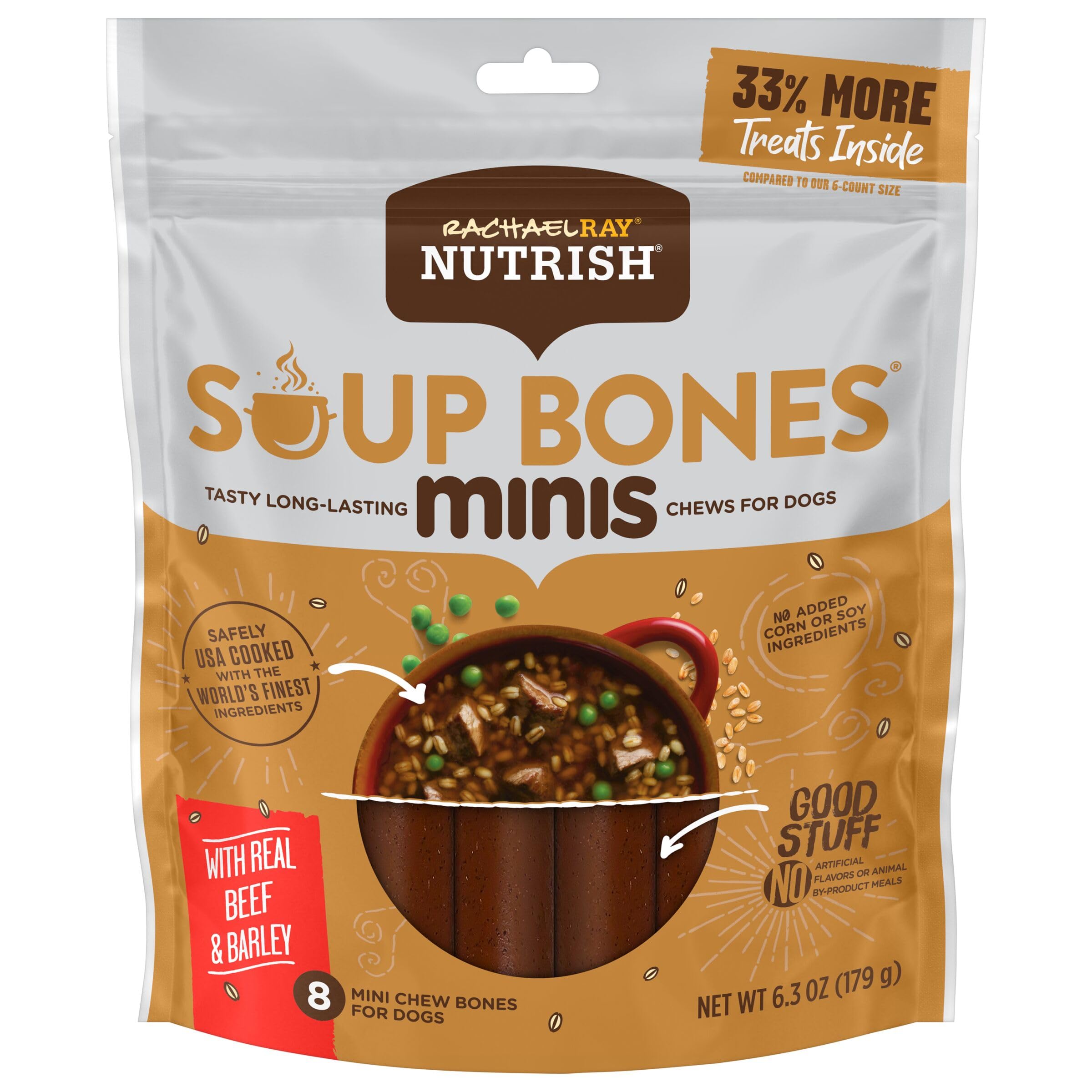 Nutrish Rachael Ray Soup Bones Minis Dog Chews with Real Beef & Barley, 8 Chews, 6.3 oz Pouch (Pack of 7)