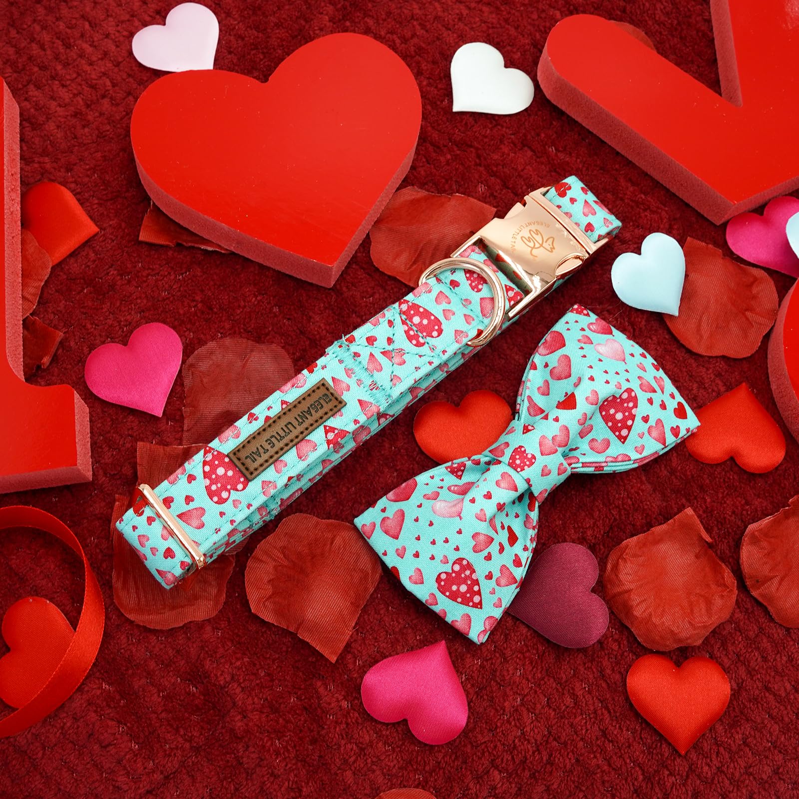 Elegant little tail Valentine's Dog Collar, Cute Pink Heart Dog Collar with Bow for Large Dogs, Female or Male Adjustable Cotton