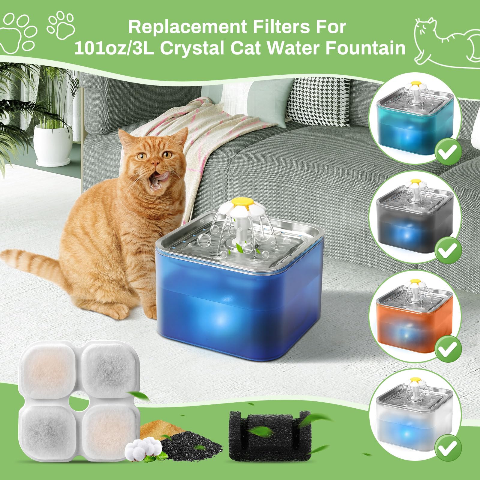 6 Set Cat Water Fountain Filter Replacement For 101Oz/3L Crystal Cat Fountain, Gisofik Pet Fountain Filters Replacement, Triple