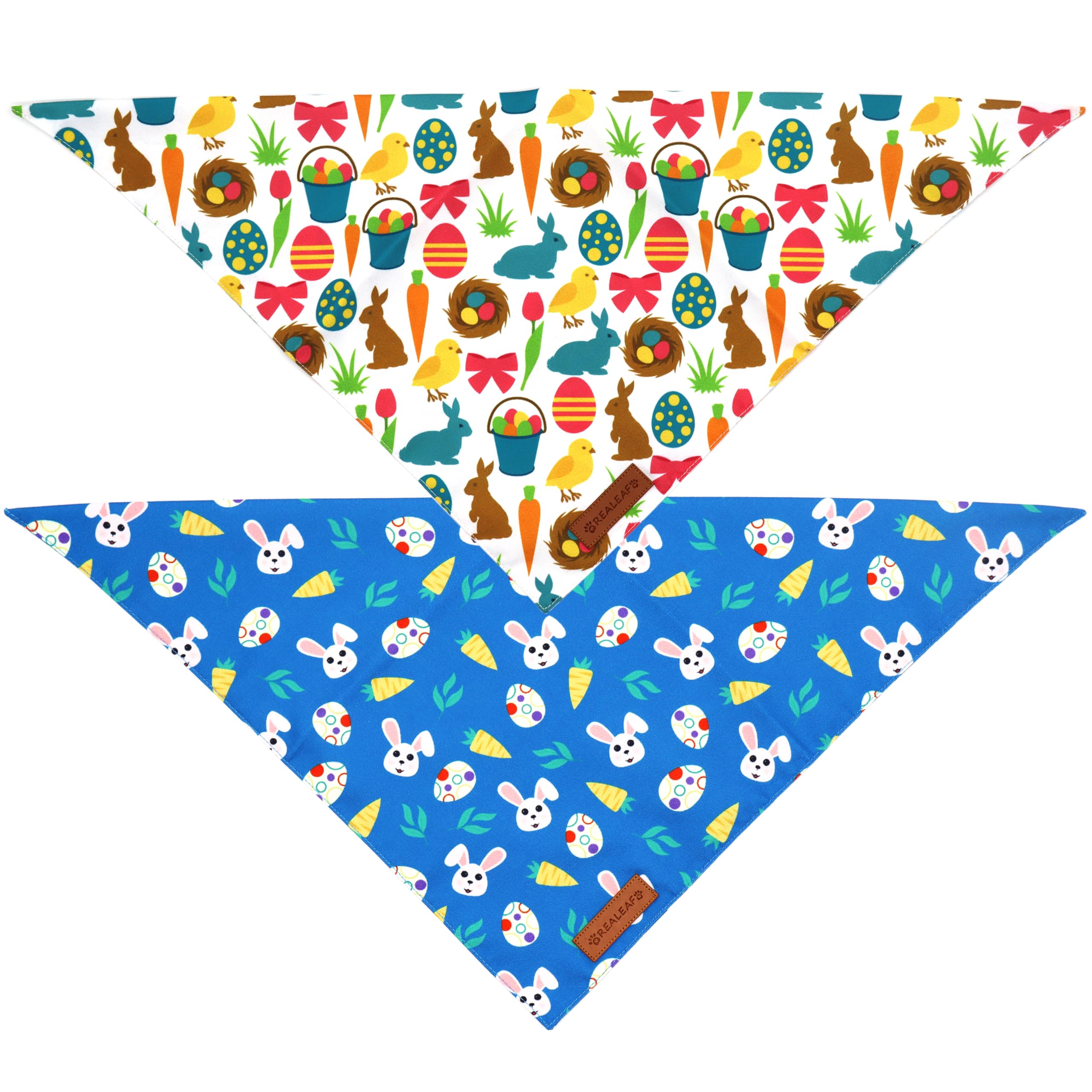 Realeaf Easter Dog Bandanas 2 Pack, Reversible Bunny Carrot And Easter Eggs Pet Scarf For Boy And Girl, Premium Durable Fabric,