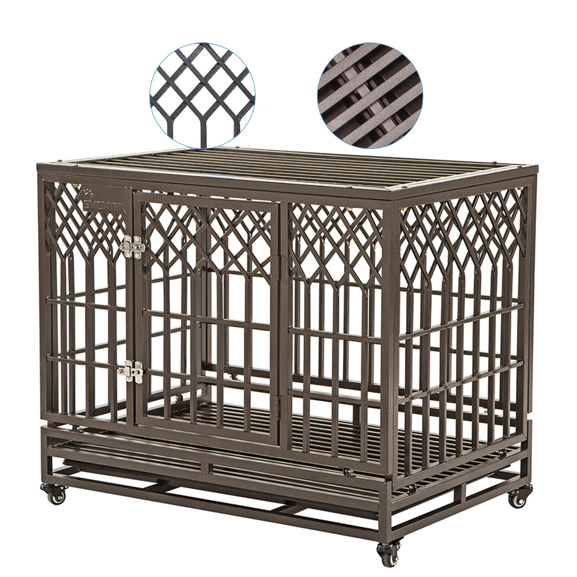 Smonter 38In Heavy Duty Strong Metal Dog Cage Pet Kennel Crate Playpen With Wheels, Y Shape, Brown