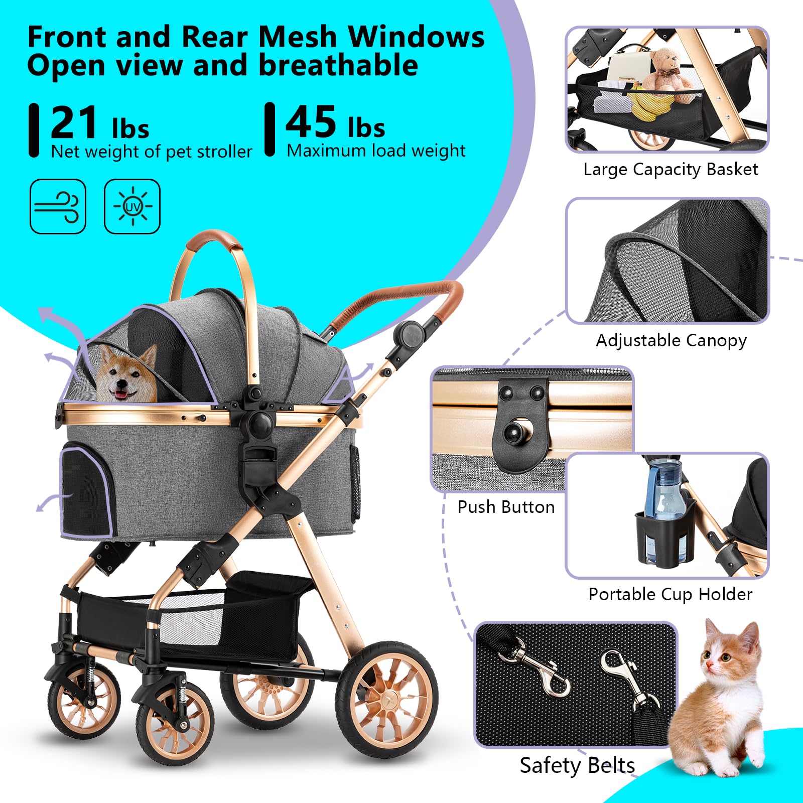 Ingborsa Pet Stroller For Medium & Small Dogs - Foldable, Lightweight Dog Carrier With Storage Basket (Gray)