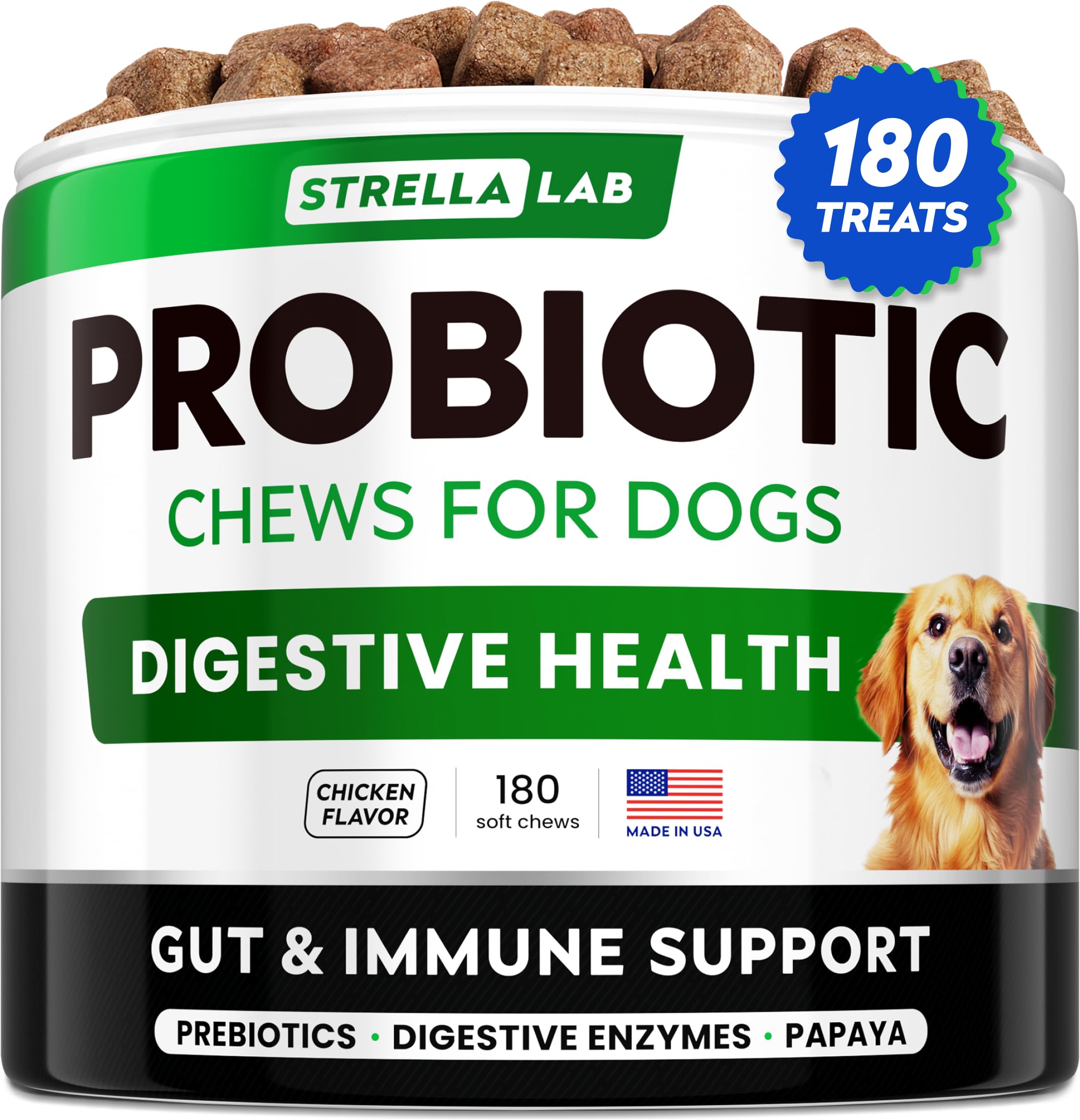 STRELLALAB Dog Probiotics Chews for Gut Support & Digestive Health with Enzymes - Anti Diarrhea and Upset Stomach Immune Supplem