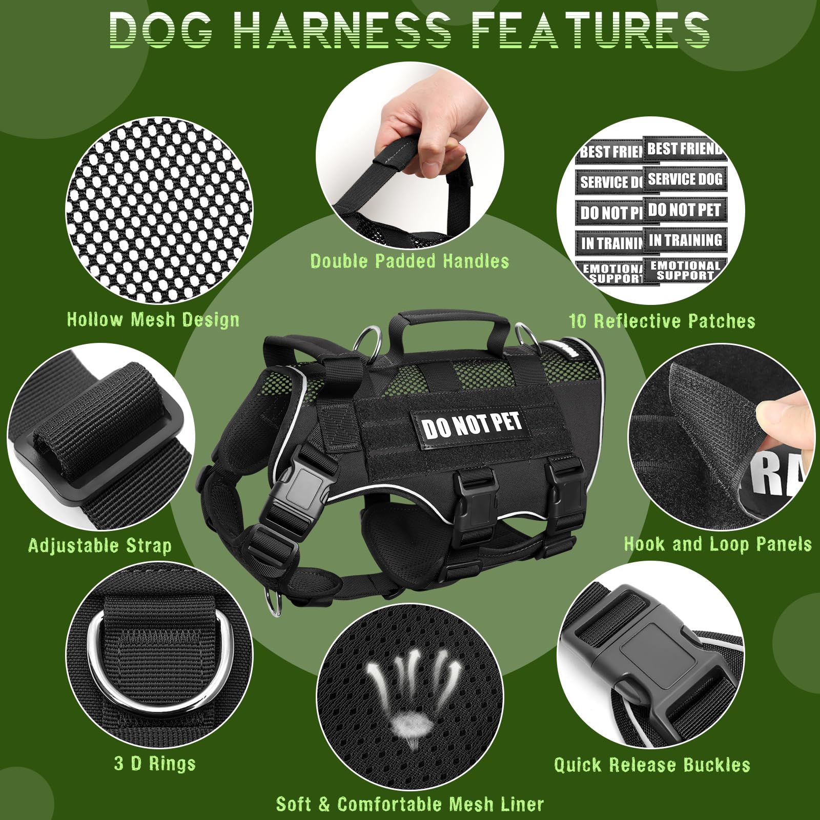 Winsee Mesh Dog Harness With 10 Pet Patches For Medium Service Dog In Training, Breathable Tactical Molle Vest With Double Handl