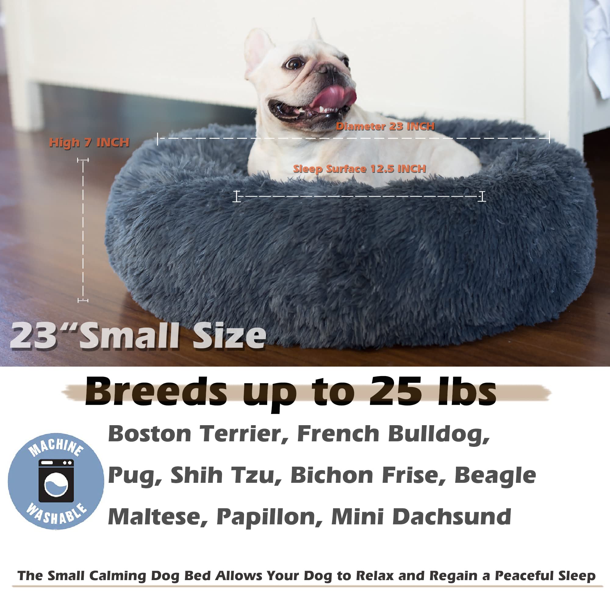 Puppy Bed For Calming Dog 23 Inches Dark Gray Anti-Anxiety Donut Dog Bed For Small Medium Dogs Washable Fuzzy Dog Bed Fits Up To
