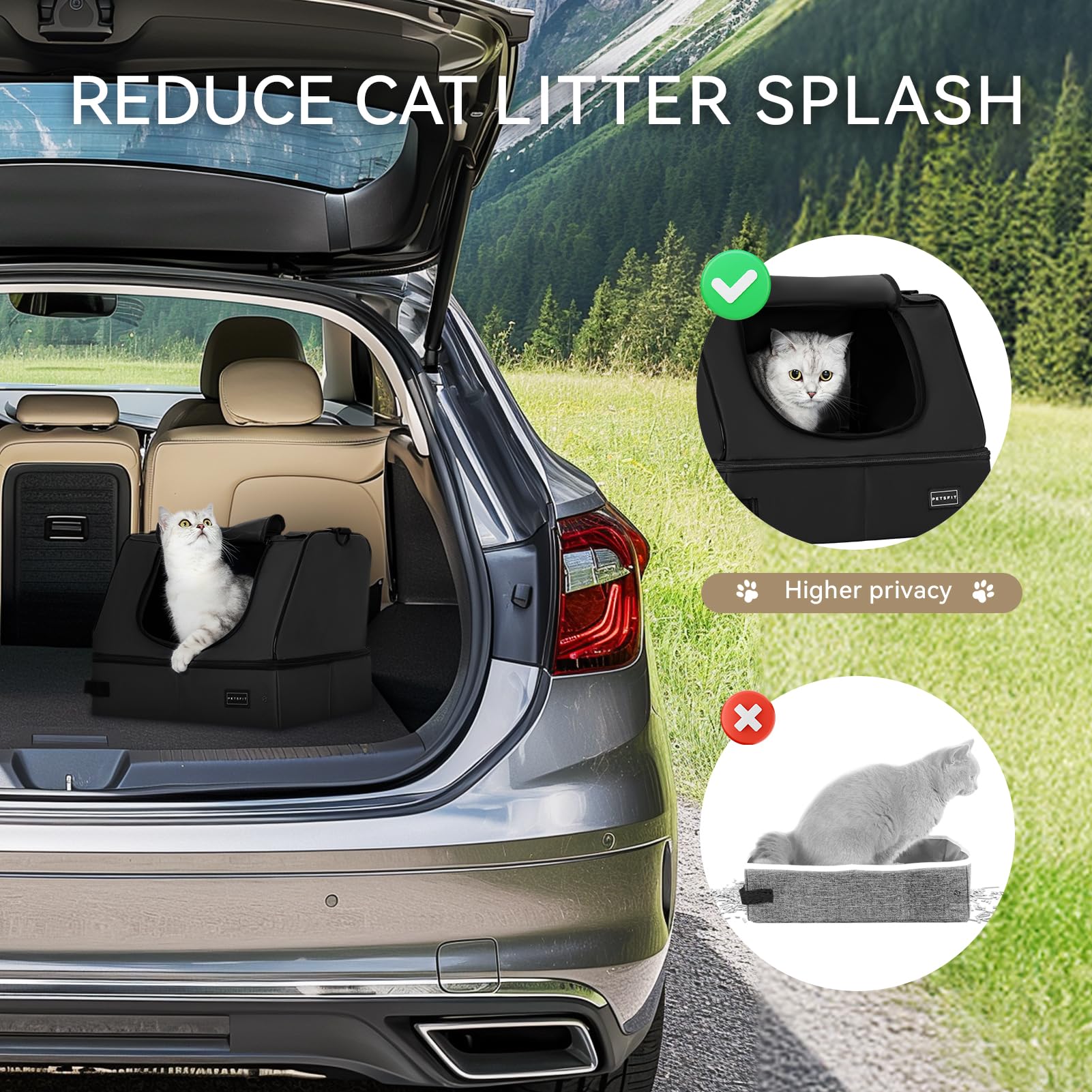 Petsfit Upgrade Travel Portable Cat Litter Box For Medium Cats & Kitties,Leak-Proof, Lightweight, Foldable (Black(With Lid), 17' Lx13 Wx12.5 H)