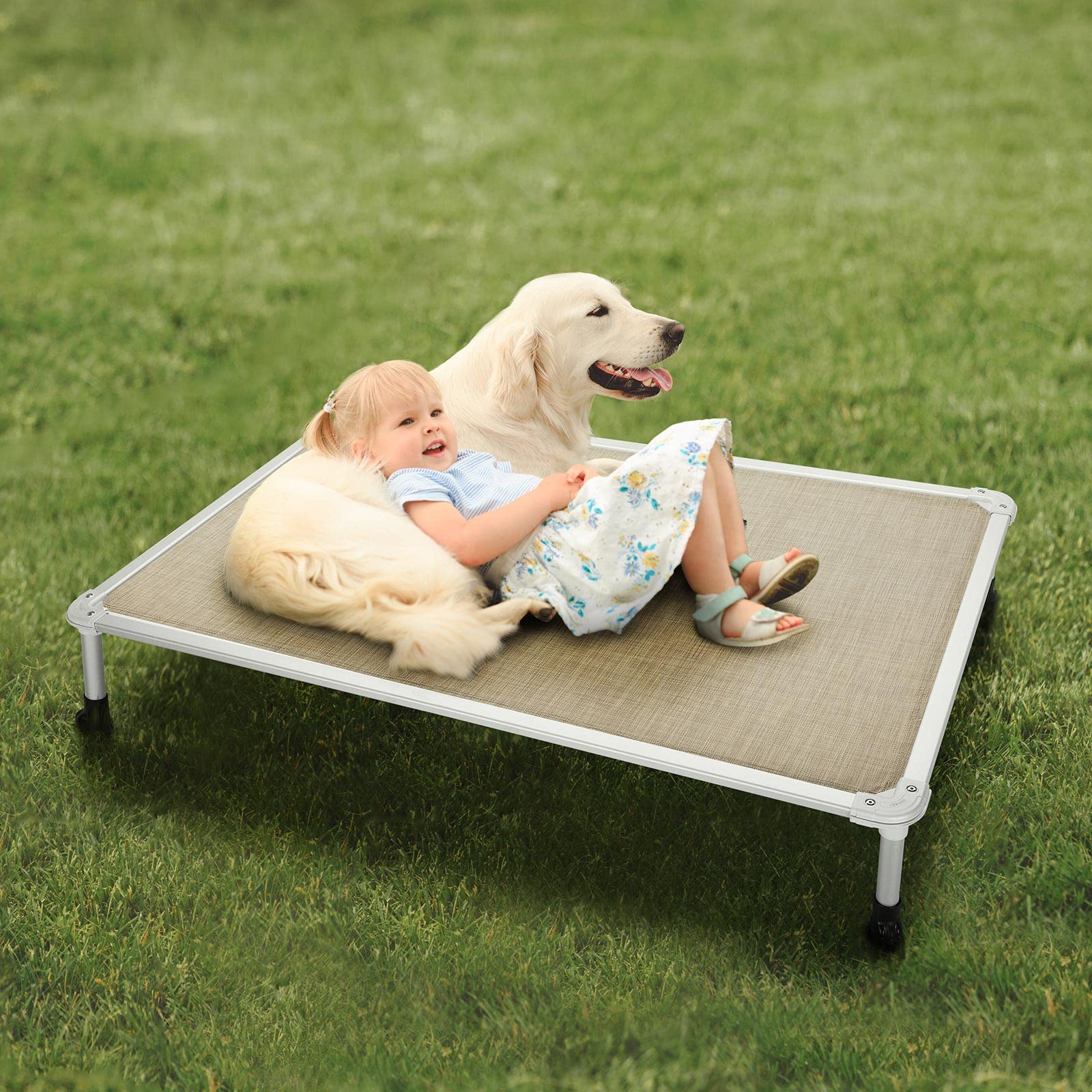 Veehoo Chew Proof Elevated Dog Bed - Cooling Raised Pet Cot - Silver Aluminum Frame And Durable Textilene Mesh Fabric, Unique Designed No-Slip Feet For Indoor Or Outdoor Use, Black Silver, X Large