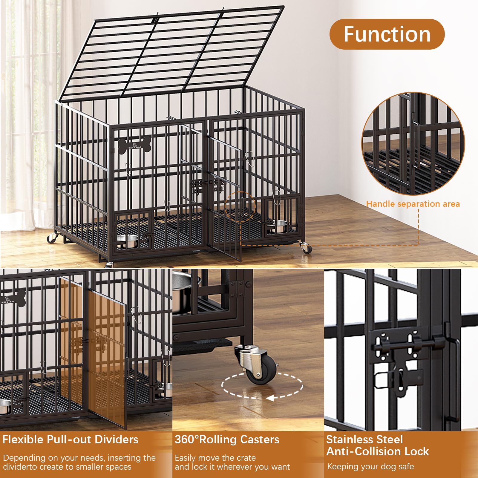 Dosker 42 Inch Heavy Duty Metal Dog Crate Cage With Divider For 2 Dogs/Large Dog,All Metal Open Top Escape Proof Cage,Dog Kennel