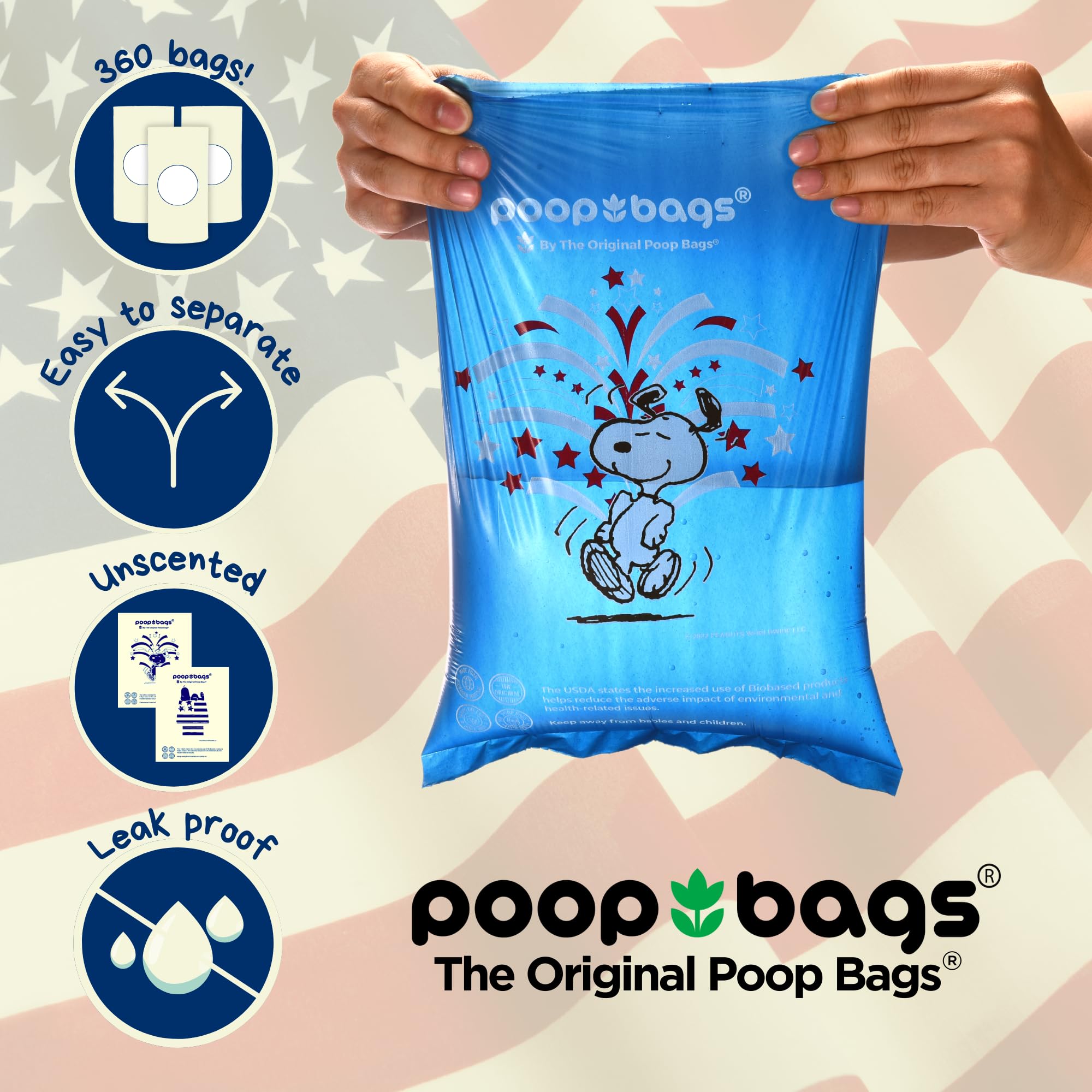 The Original Poop Bags Usda Certified 38% Plant-Based Dog Poop Bags, Peanuts Snoopy Americana Design, Leak-Proof & Strong, Unsce