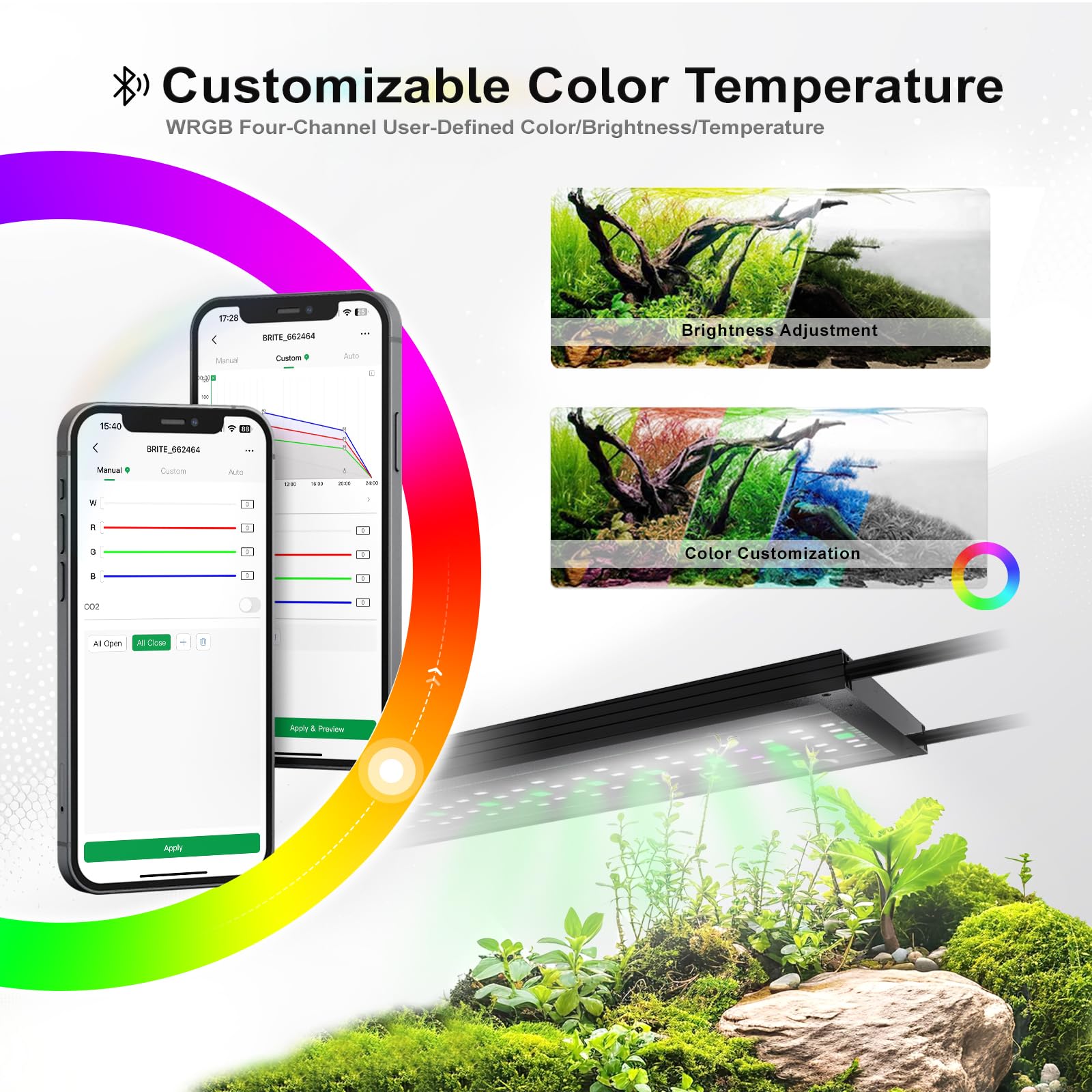 MagTool Brite Series Aquarium LED Light with App-Controlled RGB+W LEDs, Extendable Bracket, Supports Custom Sunrise/Sunset Color