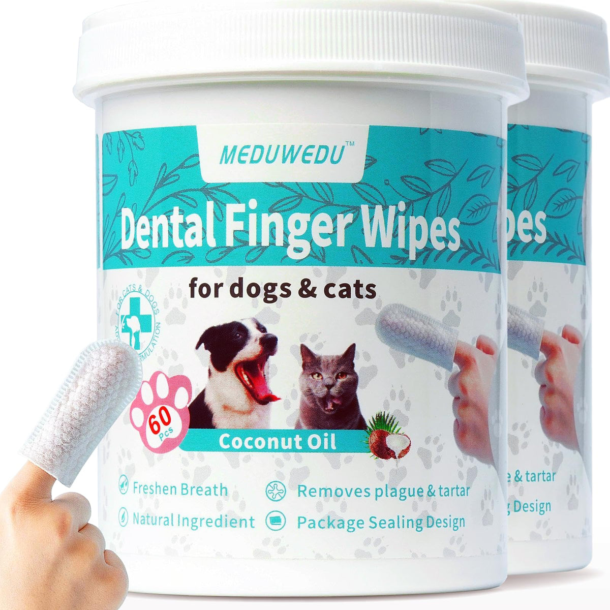 Meduwedu Dental Care Finger Wipes 120 Counts,Teeth Cleaning Finger Wipes For Dogs & Cats,Reduces Plaque & Supports Oral Freshness, Coconut Scent