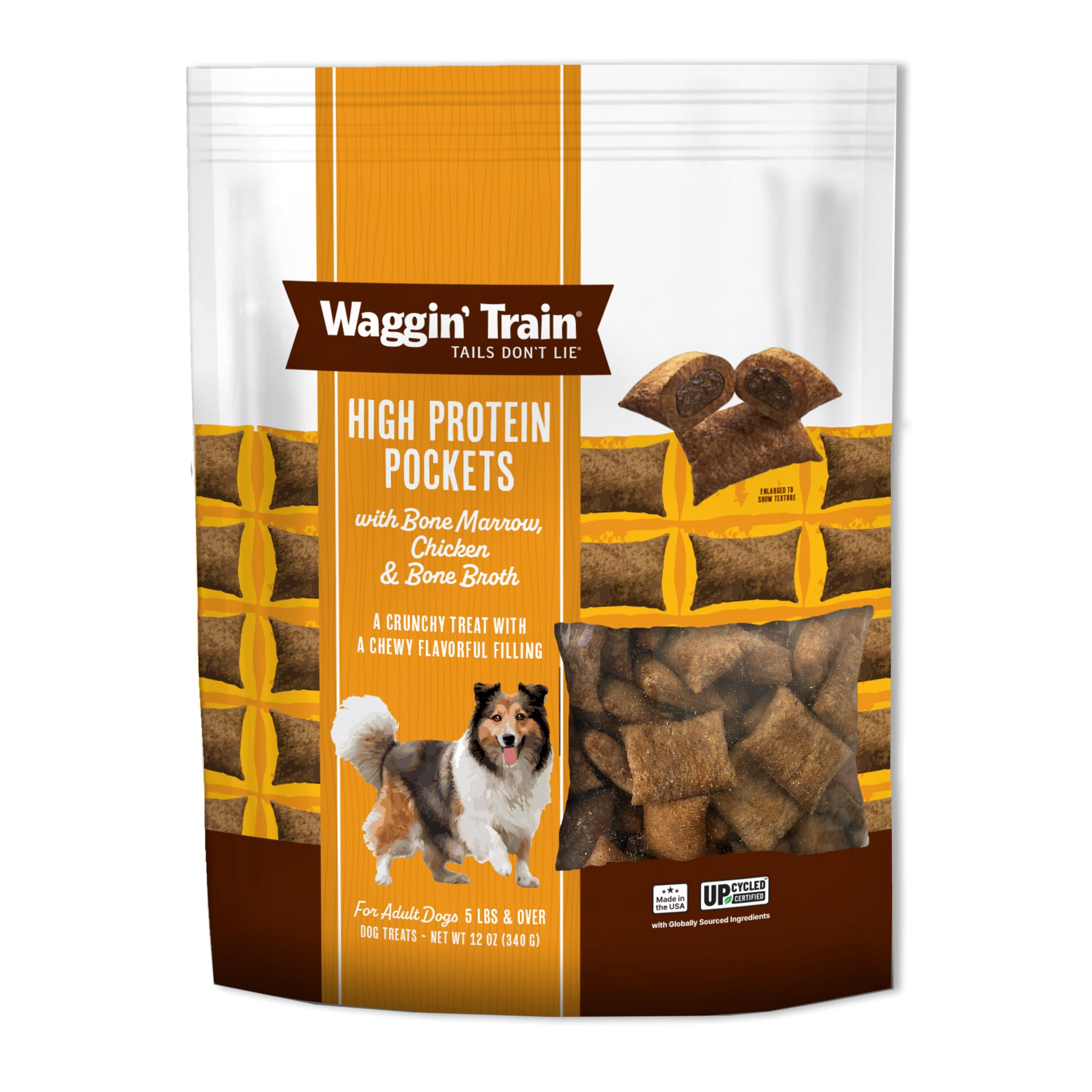 Waggin Train High Protein Pockets Dog Treats, Crunchy Chicken Outside with Soft & Chewy Bone Marrow & Broth Inside, Great High 