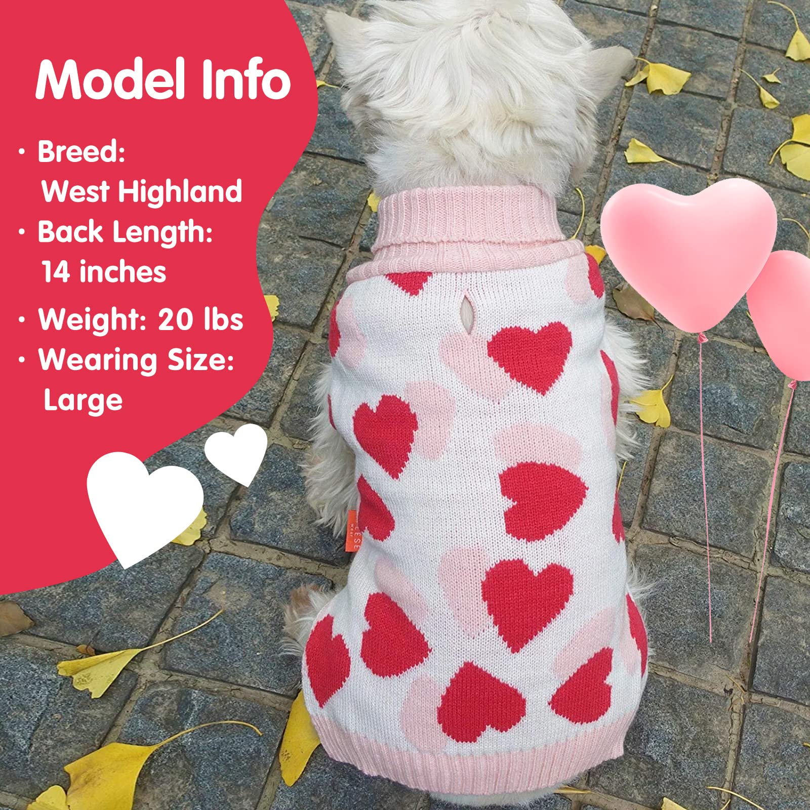 KYEESE Valentine Dog Sweater for Small Dogs, Red Heart Design, Leash Hole, Size S