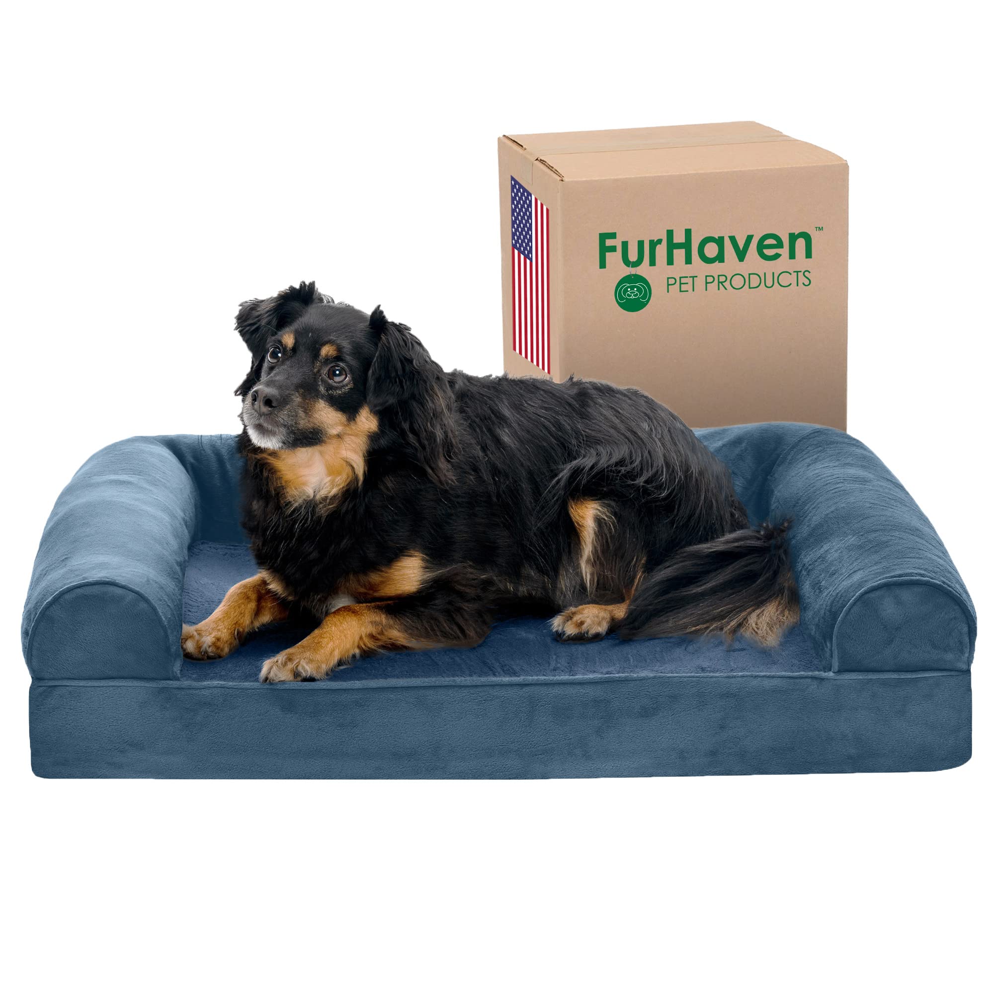 Furhaven Orthopedic Dog Bed For Medium/Small Dogs W/ Removable Bolsters & Washable Cover, For Dogs Up To 35 Lbs - Faux Fur & Velvet Sofa - Harbor Blue, Medium