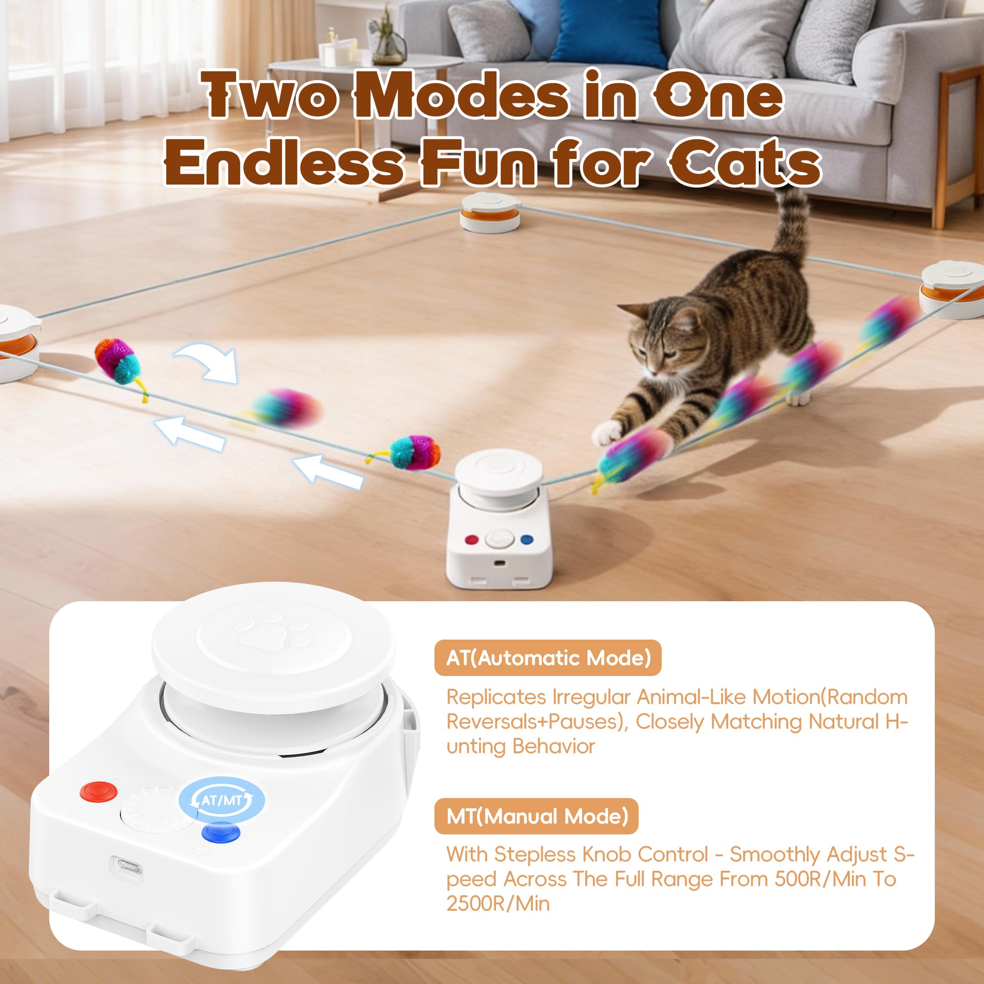 Interactive Cat Toy for Indoor Cats - Automatic Moving & Enrichment Toy for Indoor Cats/Kitten, Auto/Manual Control Cat Treadmil