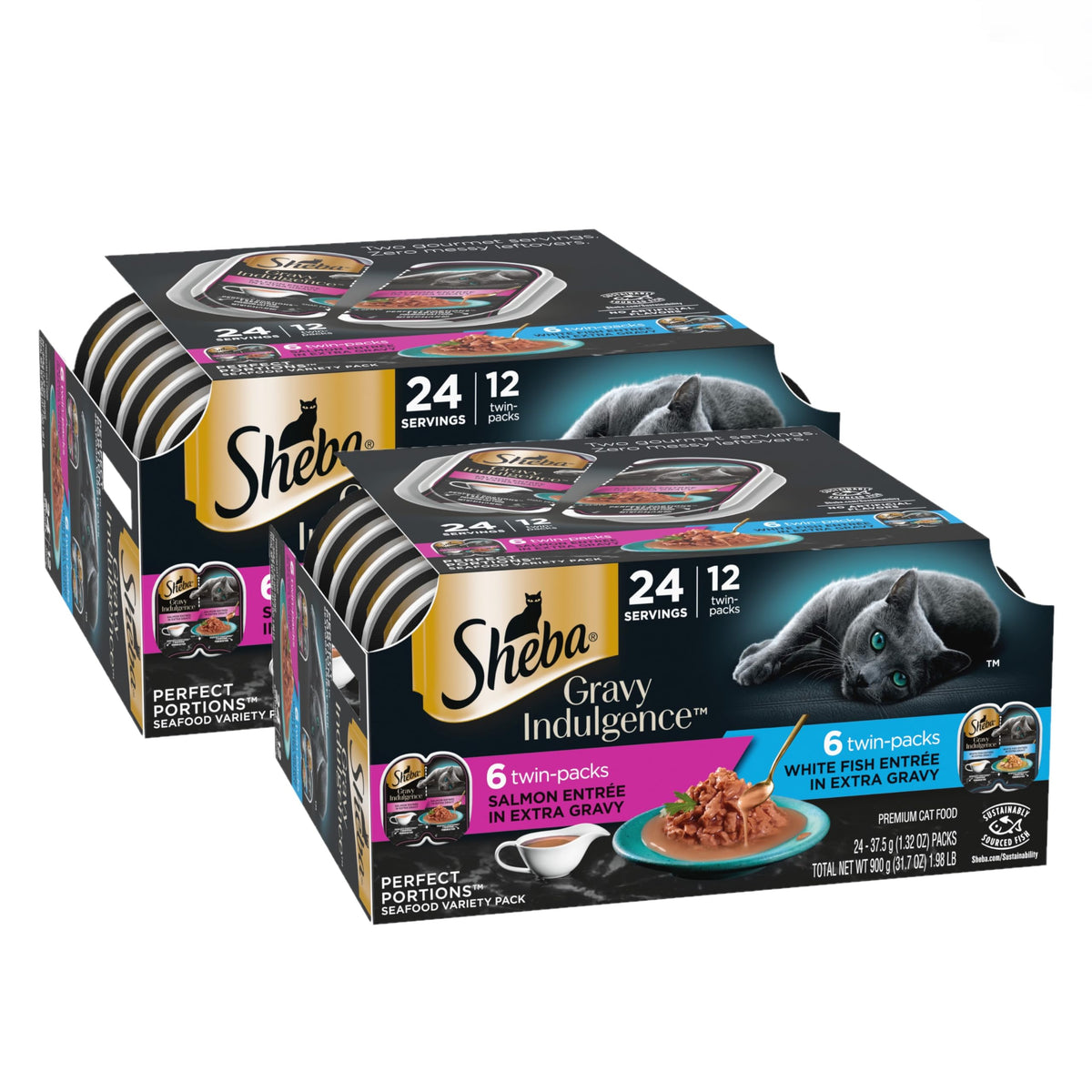 Sheba Gravy Indulgence Adult Wet Cat Food Salmon Entree In Extra Gravy And White Fish Entree In Extra Gravy Variety Pack, 2.6 Oz. Twin-Pack Trays, (12 Count, 24 Servings) (Pack Of 2)