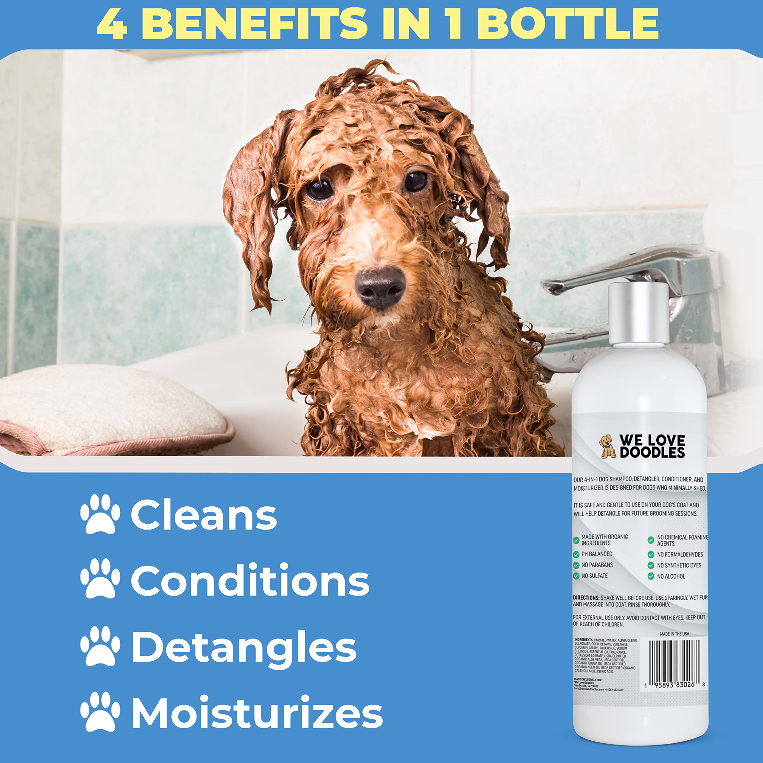 Dog Shampoo, Conditioner & Detangler - Best Shampoo for Goldendoodles, Poodles & Doodles - for Matted Pet Hair - Sensitive Skin