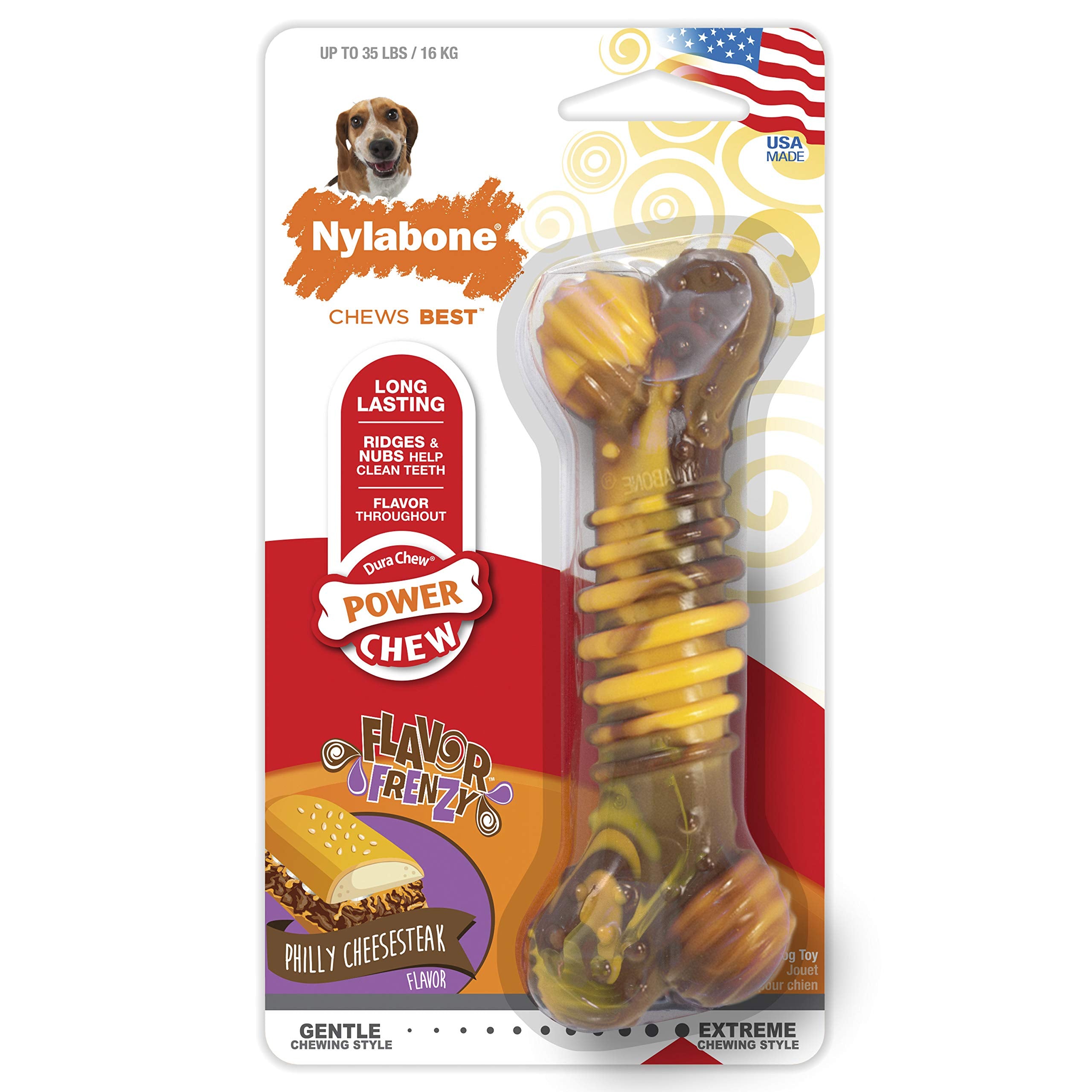 Nylabone Flavor Frenzy Dental Bone Power Chew Toy, Dog Toys For Aggressive Chewers, Philly Cheesesteak, Medium - Up To 35 Lbs, 1 Count