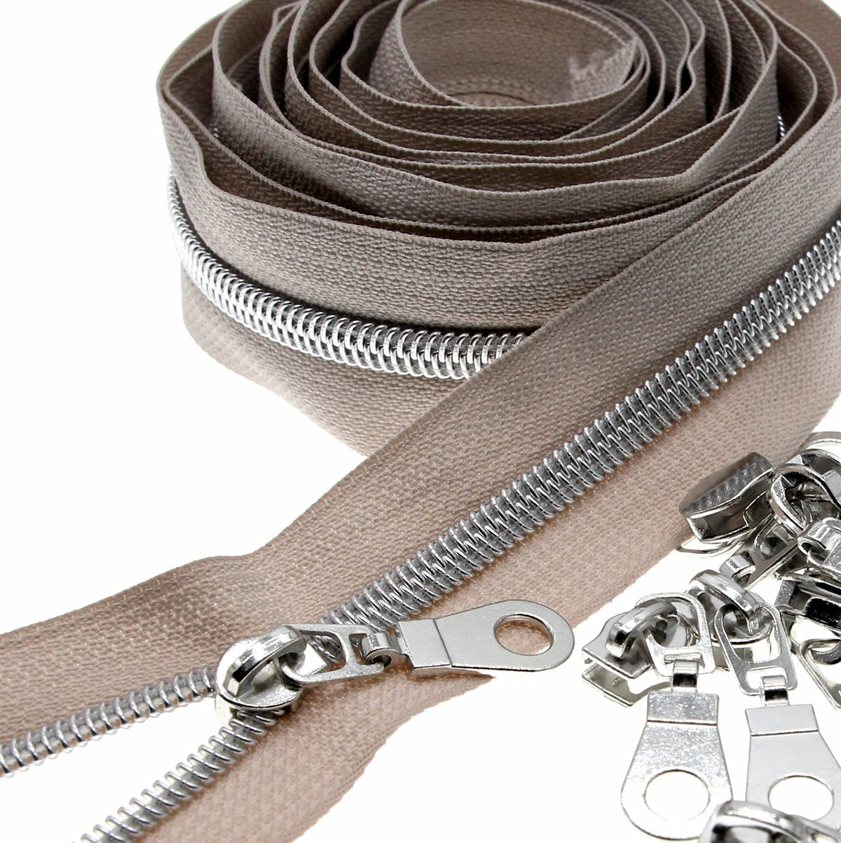 5 Silver Teeth Metallic Nylon Coil Zippers By The Yard Bulk 10 Yards Beige Zipper Tape With 25Pcs Silver Sliders For Diy Sewing 