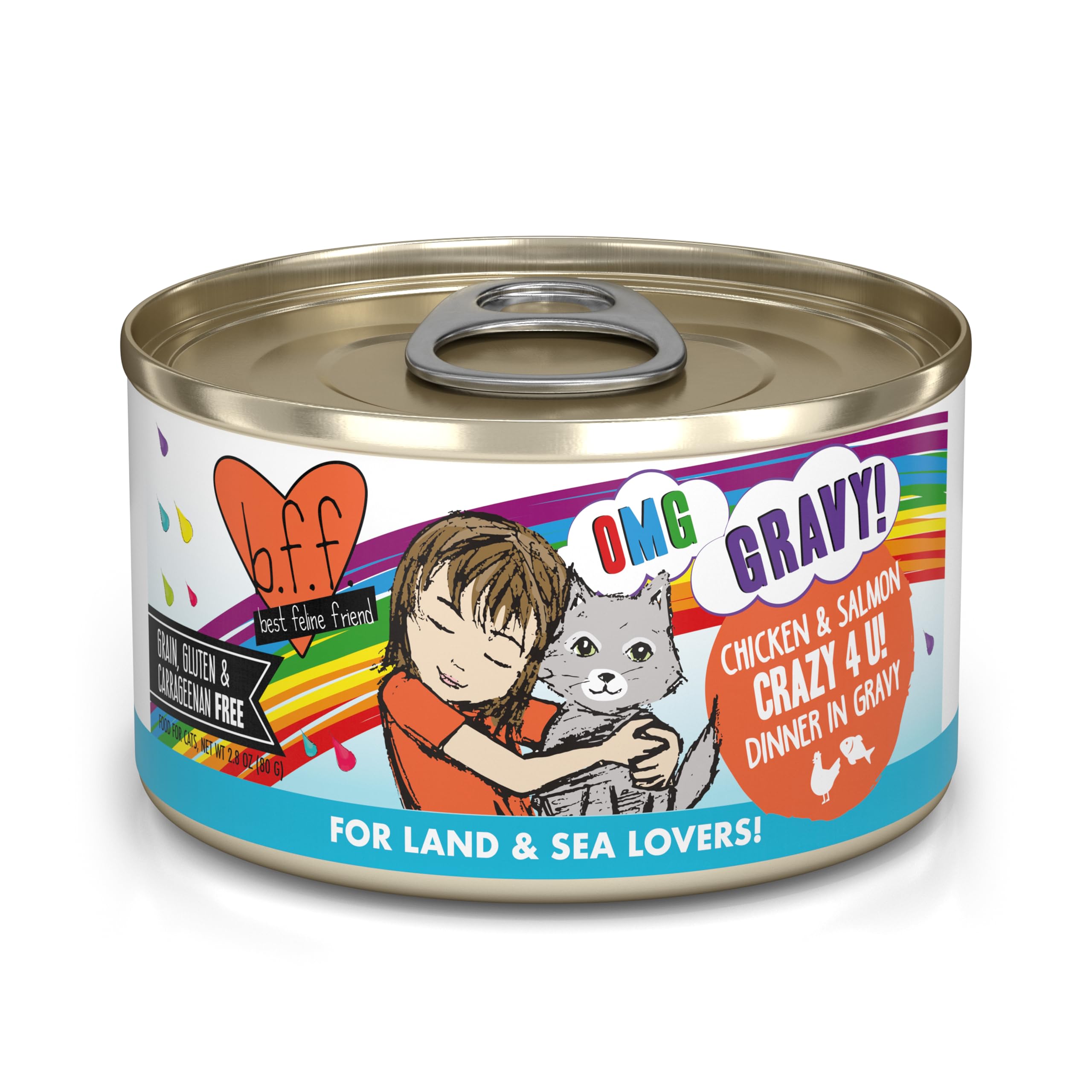 Weruva B.F.F. OMG - Best Feline Friend Oh My Gravy! Grain-Free Wet Cat Food Cans, Crazy 4 U! Chicken & Salmon, 2.8oz Can (Pack o