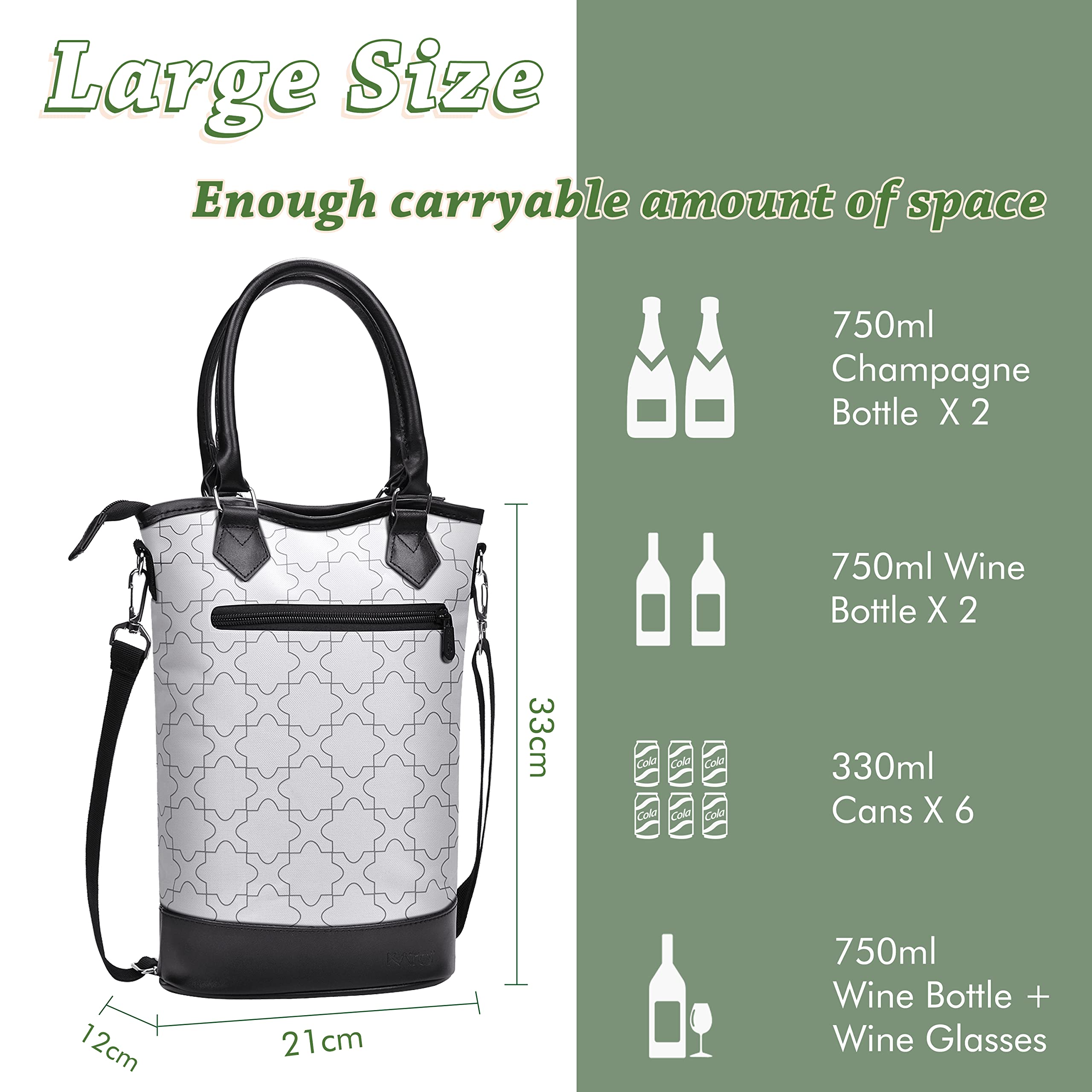 Tirrinia Insulated Wine Tote - Padded 2 Bottle Cooler Bag with Handle & Adjustable Strap, White - Perfect Gift for Wine Lovers