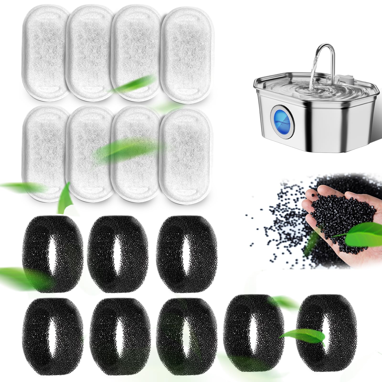 Cat Water Fountain Filters, Apauk 8 Pack Replacement Filters & Sponges For Stainless Steel 108Oz/3.2L Automatic Pet Fountain For