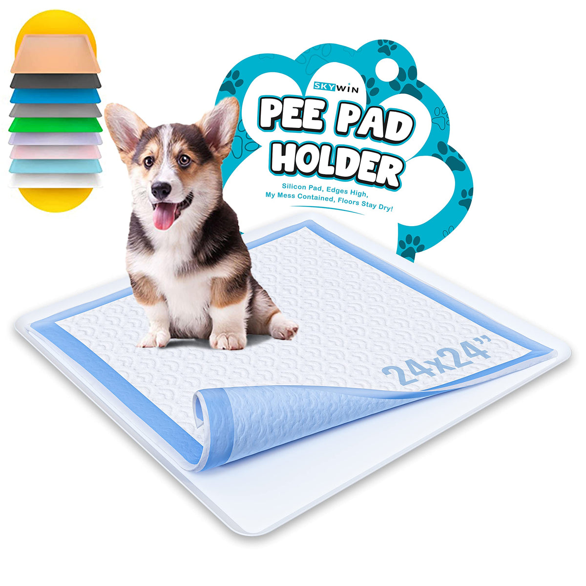 Skywin Dog Puppy Pad Holder Tray For 24 X 24 Inches Training Pads - Silicone Wee Wee Pad Holder, No Spill Pee Pad Holder For Dogs, Easy To Clean And Store (White)