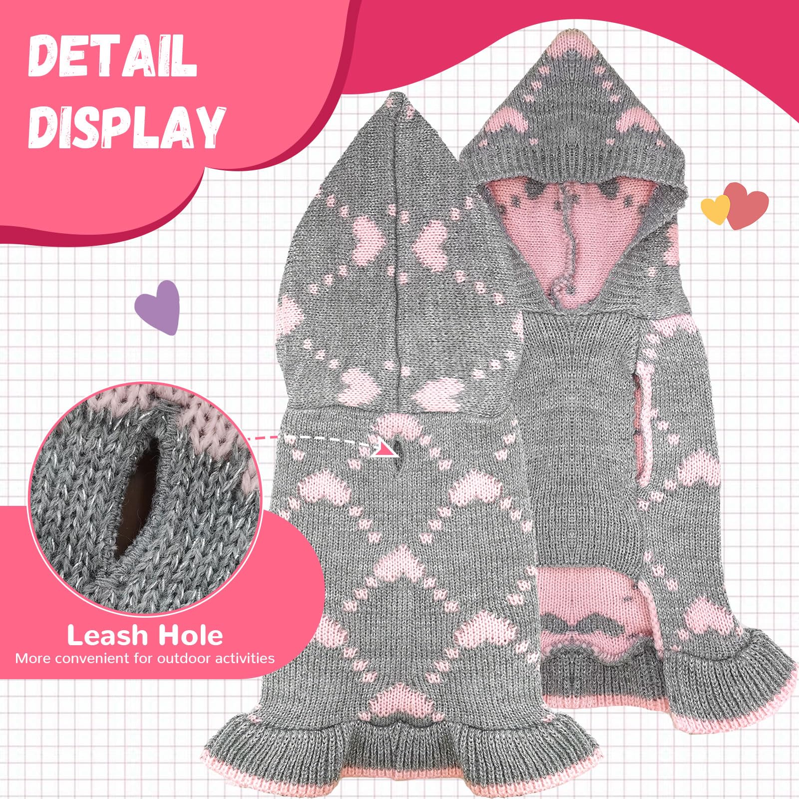 HRTTSY Cute Dog Sweater Soft Warm Fall Winter Dogs Sweater Dress Female Dog Cat Clothes with Leash Hole Pink Hearts Hooded Puppy
