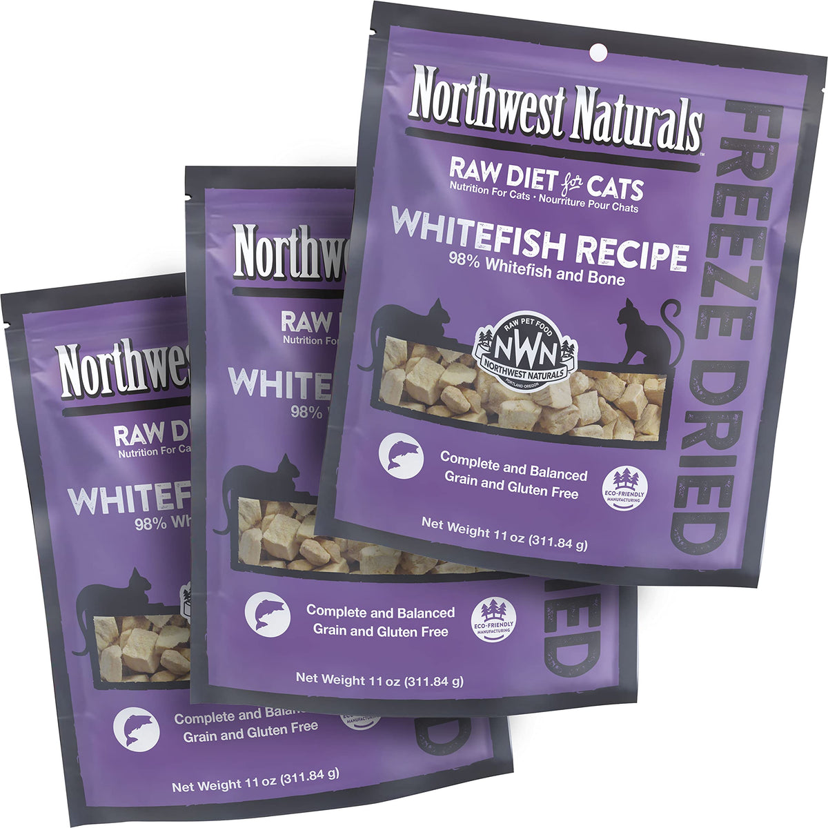 Northwest Naturals Freeze Dried Diet For Cats - Whitefish Cat Food - Grain-Free, Gluten-Free Pet Food, Cat Training Treats - 11 Oz (3 Pack)