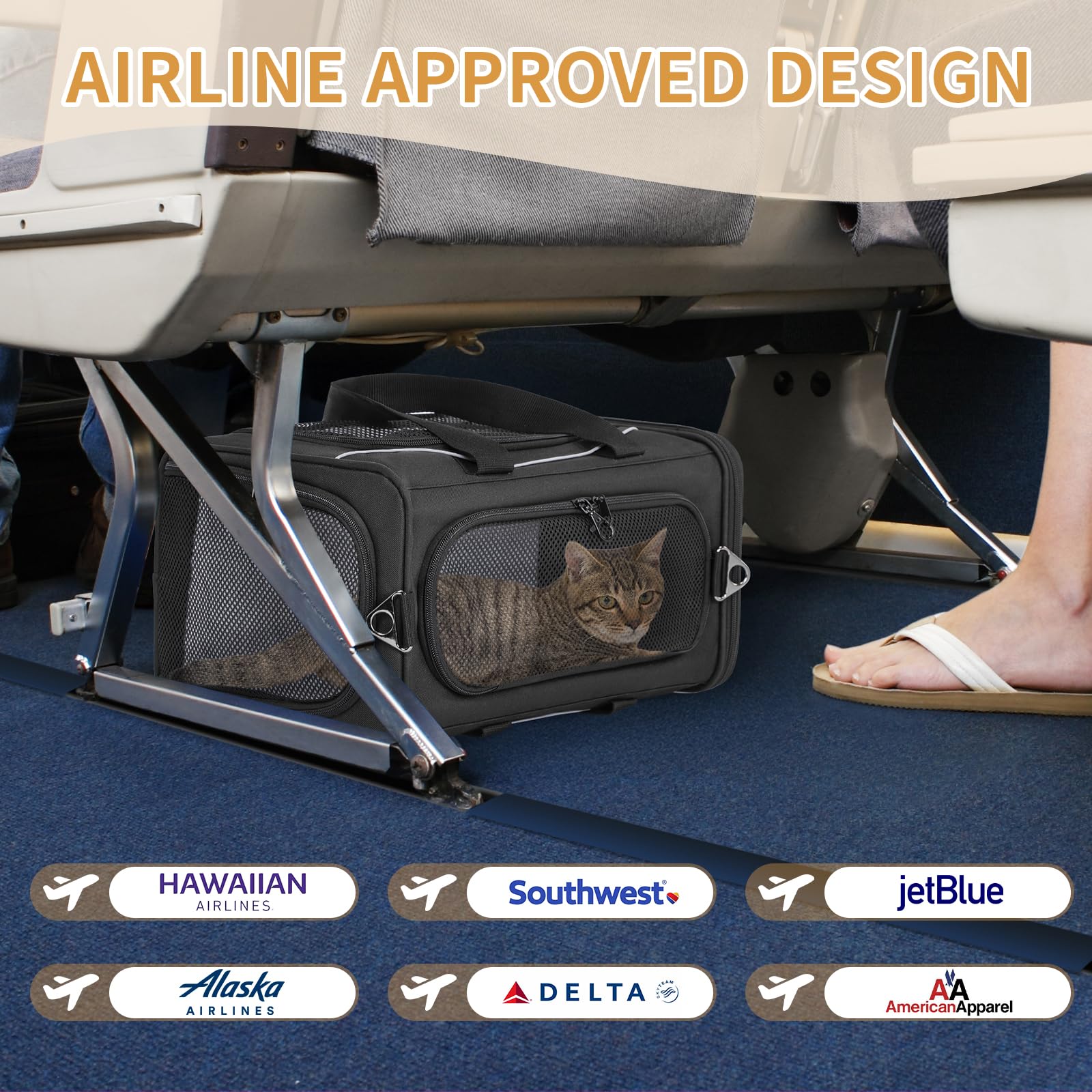 Petsfit Airline Approved Pet Carrier for Small Cats, 16.5x8.6x11, Escape Proof, Black with Lockable Zippers, TSA Compliant