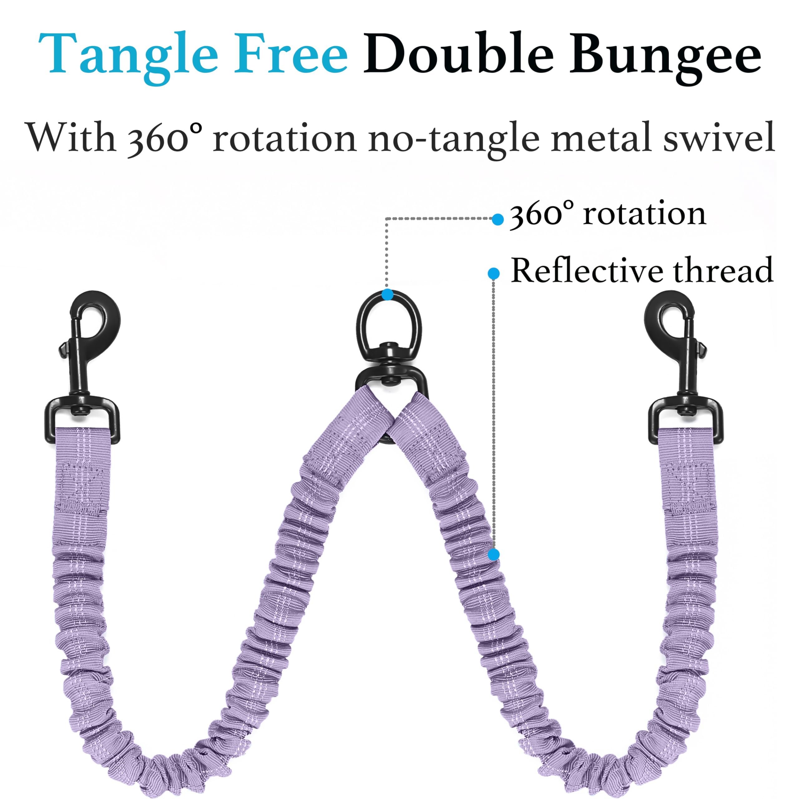 Iyoshop Dual Dog Leash, Double Dog Leash, 360 Swivel No Tangle Walking Leash, Shock Absorbing Bungee For Two Dogs, Large (25-150 Lbs), Lavender