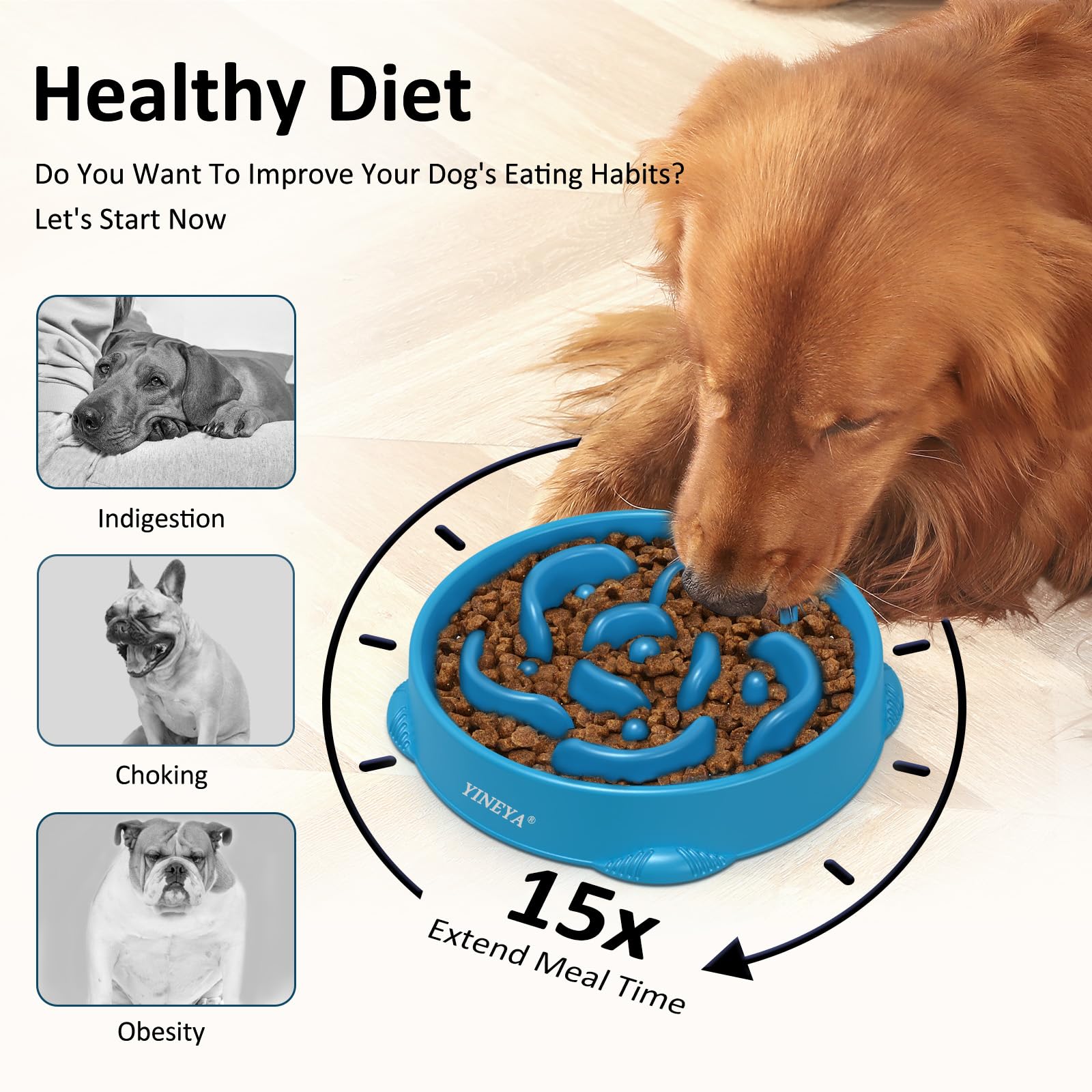 YINEYA Large Slow Feeder Dog Bowls, Anti-Choking Puzzle Bowl, Dark Blue & Rose Red, 2PCS, Polypropylene