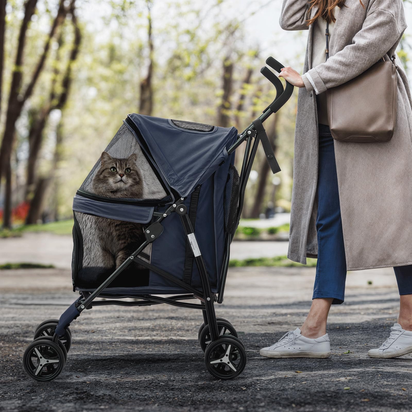 Monibloom 4 Wheels Pet Stroller, Easy-Fold Puppy Cage Jogger Stroller With Sun Cover, Pad And Rear Storage Bag, Breathable And V