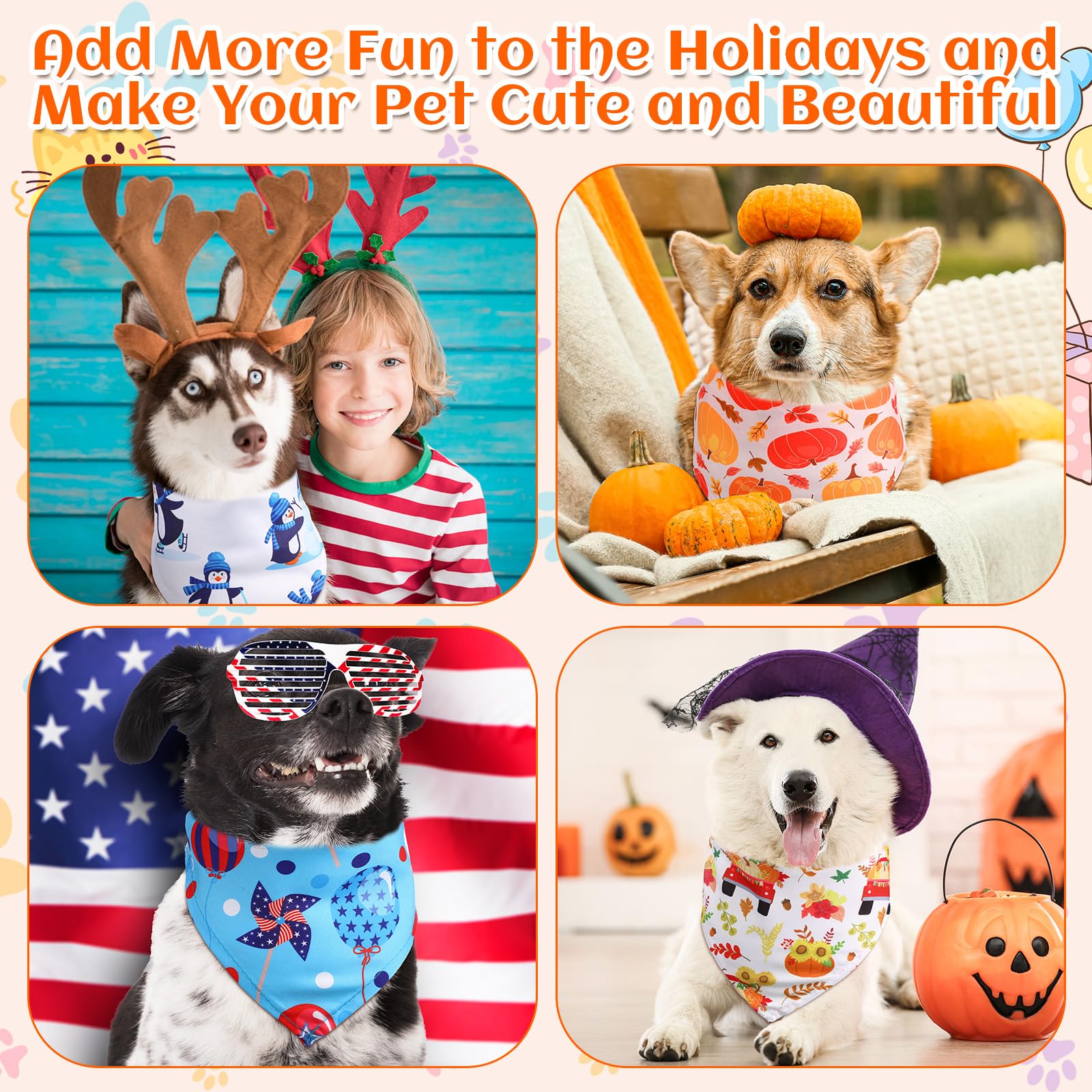 Reginary 72 Packs Holiday Dogs Bandanas Bulk Patriotic Halloween Thanksgiving Christmas New Year Birthday Summer Scarf Bibs East