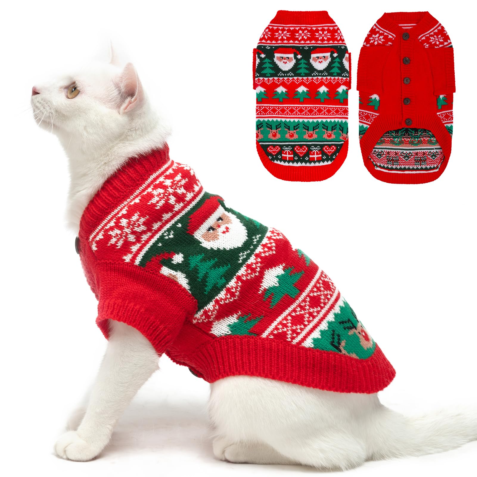 Expawlorer Cat Christmas Sweater - Stylish Knitted Outfit, Soft Clothes For Cats, Xmas Sweater With Sleeve Warm Apparel, Kitten 
