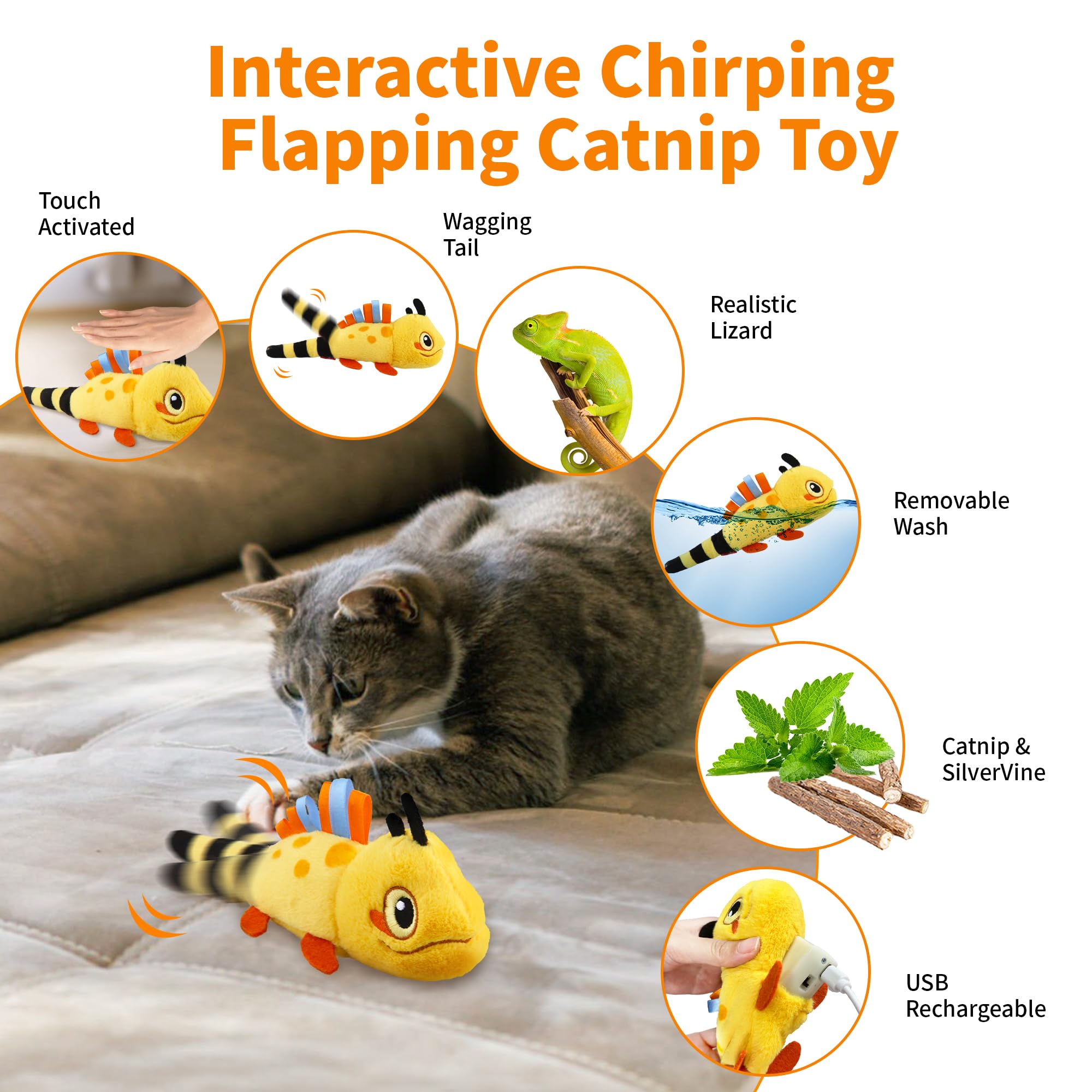 Petgeek Gigwi Flapping Cat Toys For Indoor Cats, Rechargeable Lifelike Interactive Lizard Cat Toy Tweet, 2 Modes Wagging Tail Ca