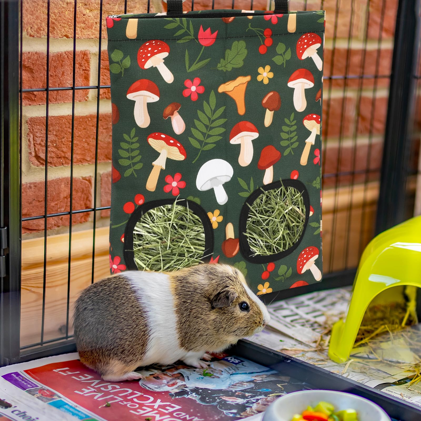 Jarthenaamcs 2Pcs Rabbit Hay Feeder Bag With 2 Holes 11.5 X 9 Inch Mushroom Guinea Pig Hanging Hay Feeding Bag Storage Dispenser