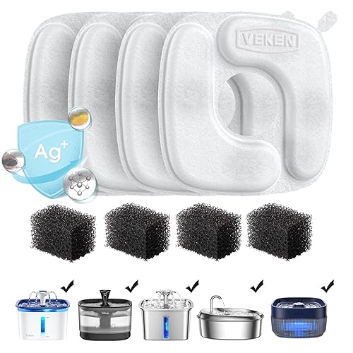Veken Cat Water Fountain Filters - 4 Pack Replacement Filters & Sponges for 50oz, 84oz, 95oz Automatic Pet Fountain - 5-Stage Filtration, White/Black