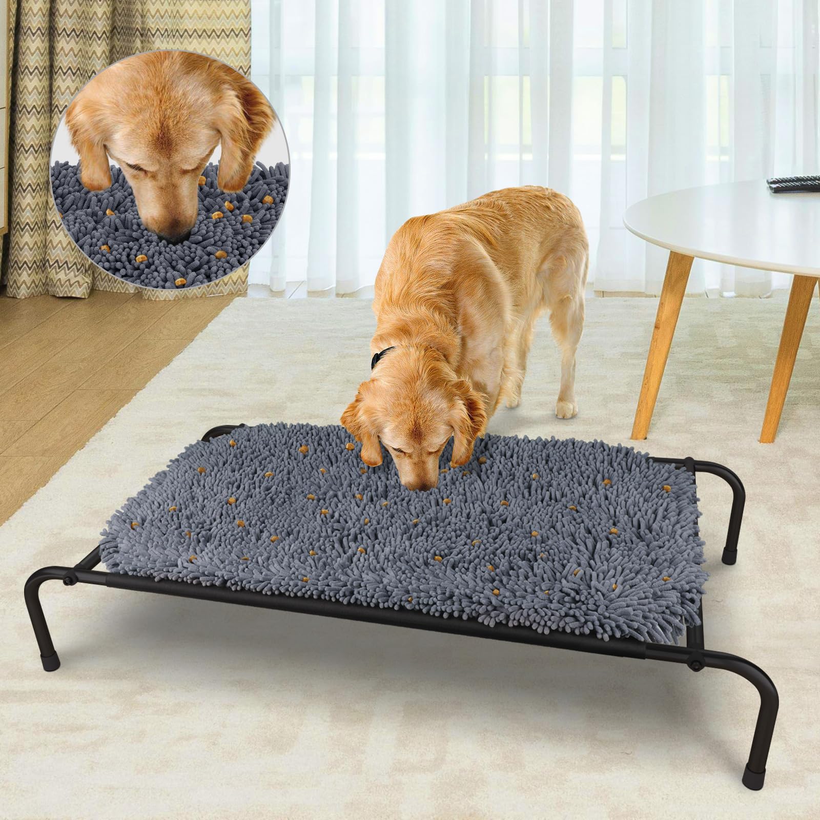 Rundik Elevated Dog Bed with Snuffle Mat Feature 2 in 1, Raised Dog Bed for Indoor and Outdoor Use Portable Warm Pet Cot with Pu