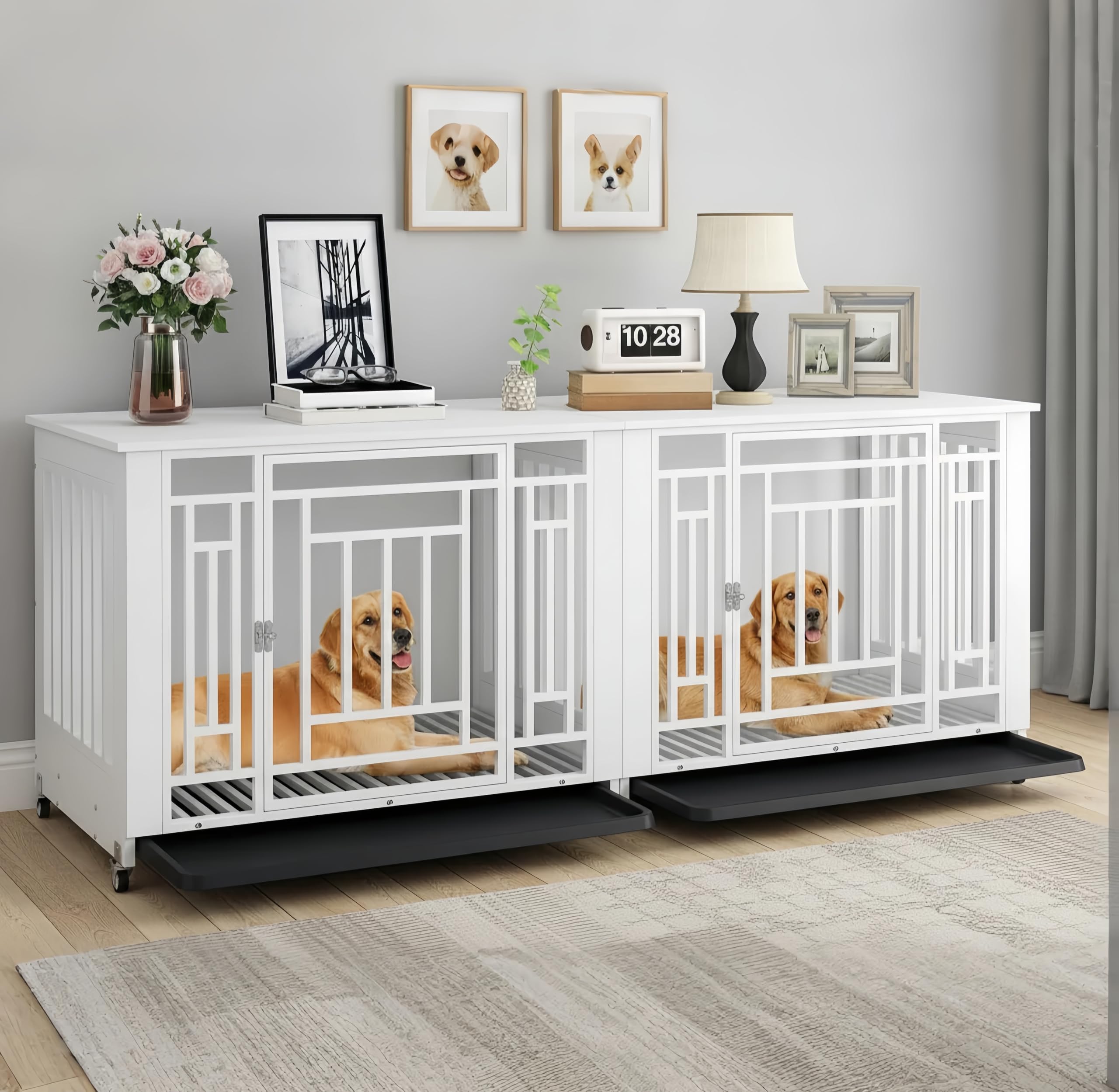 DWVO Double Dog Crate Furniture for 2 Large Medium Dogs, 76 Inch Heavy Duty Dog Kennel Indoor TV Stand with Wheels, Decorative W