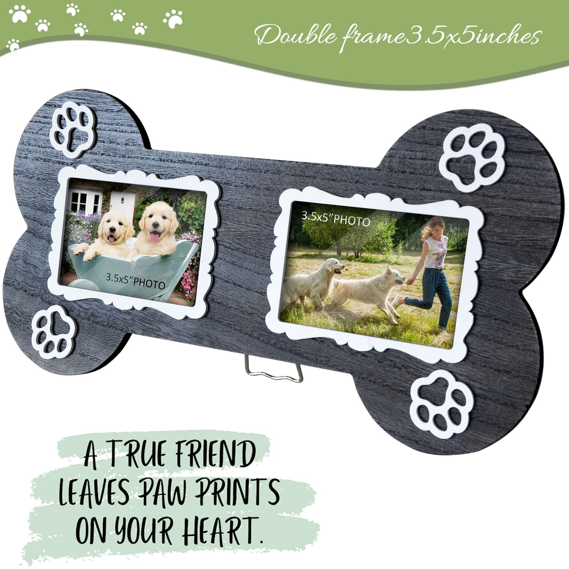 Exquideca Dog Memorial 3.5X5 Inches Bone Shaped Double Picture Frame - Pet Passing Away Sympathy Gift With Paw Print - Bereaveme